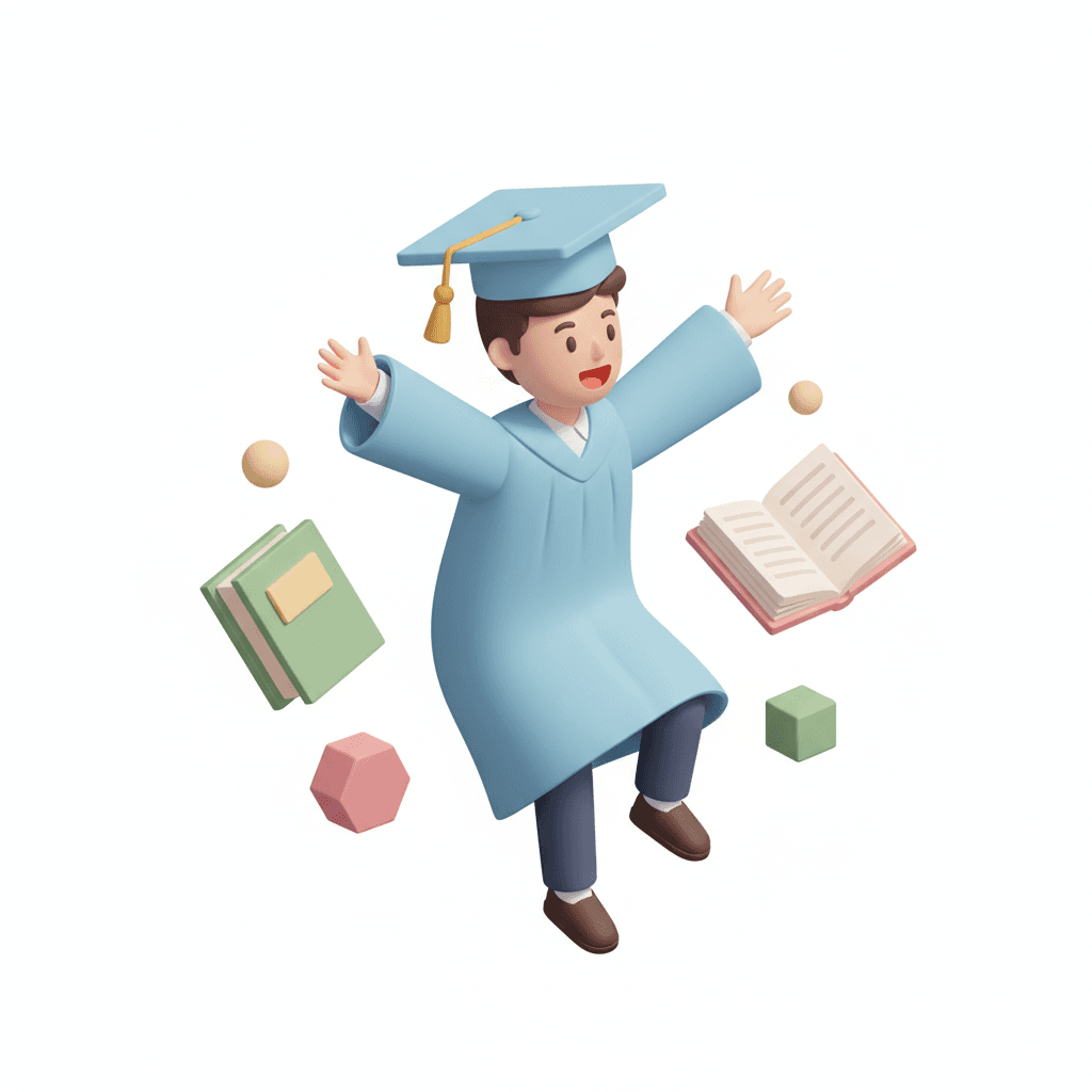 isometric flat pastel icon of a student flying mid-air in graduation robe