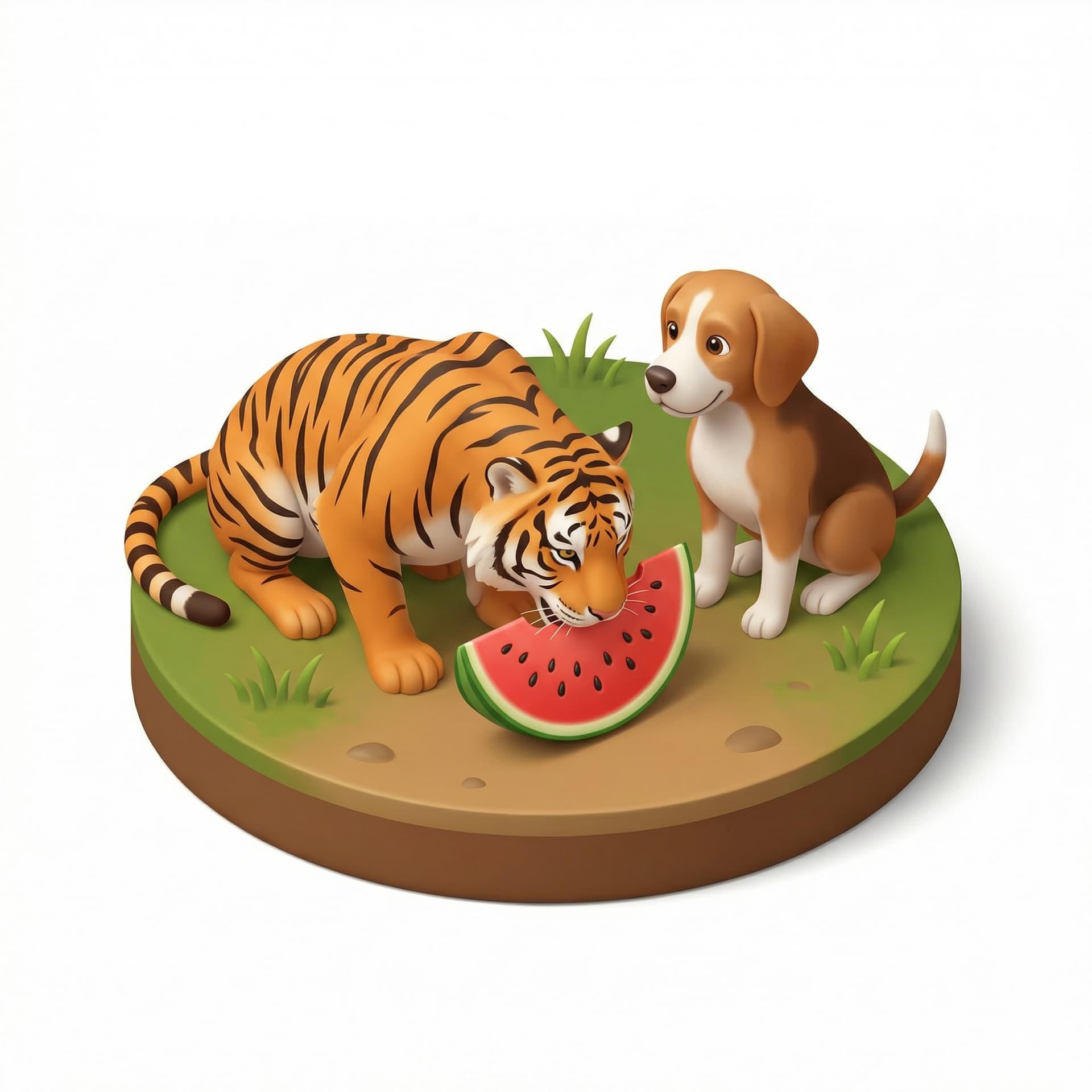 tambahkan anjing disampingnya yang melihat harimau makan semangka