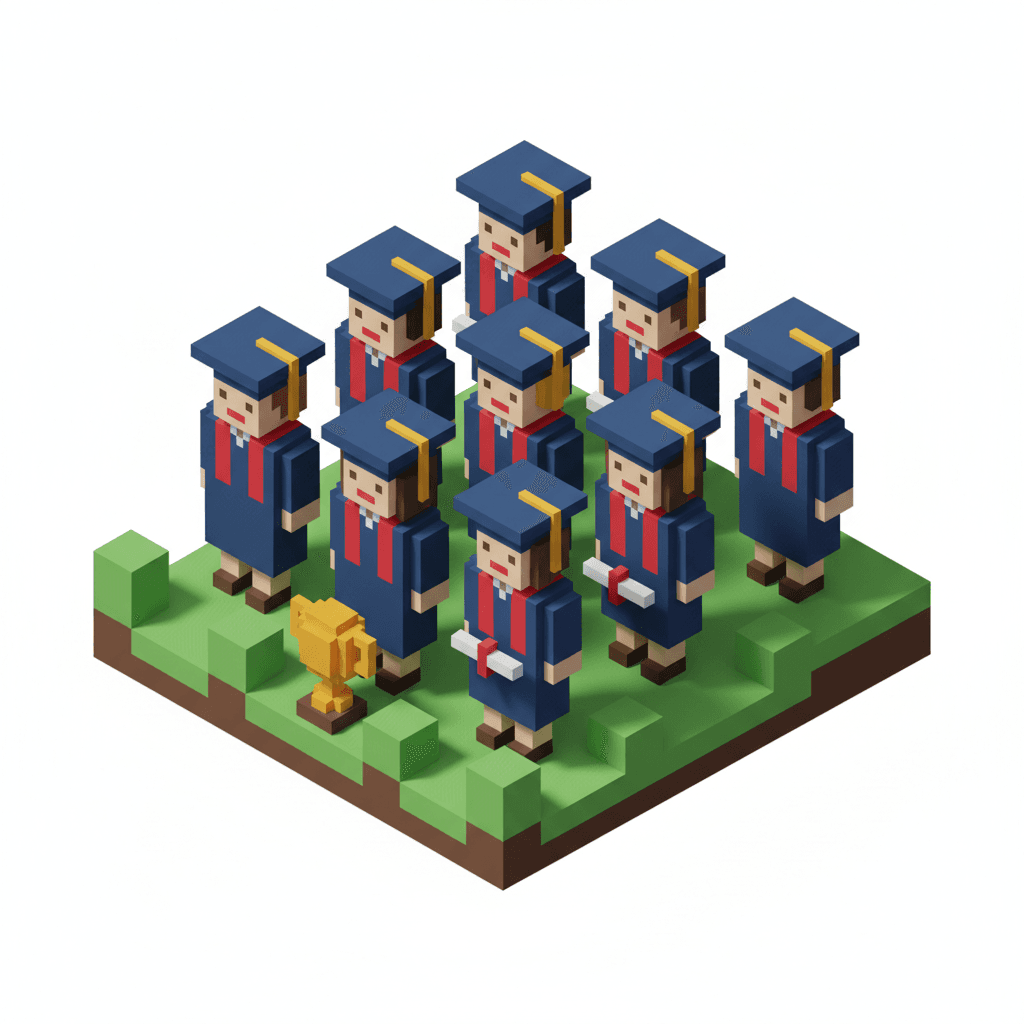 pixel-art isometric group of student icons standing in ceremony pose