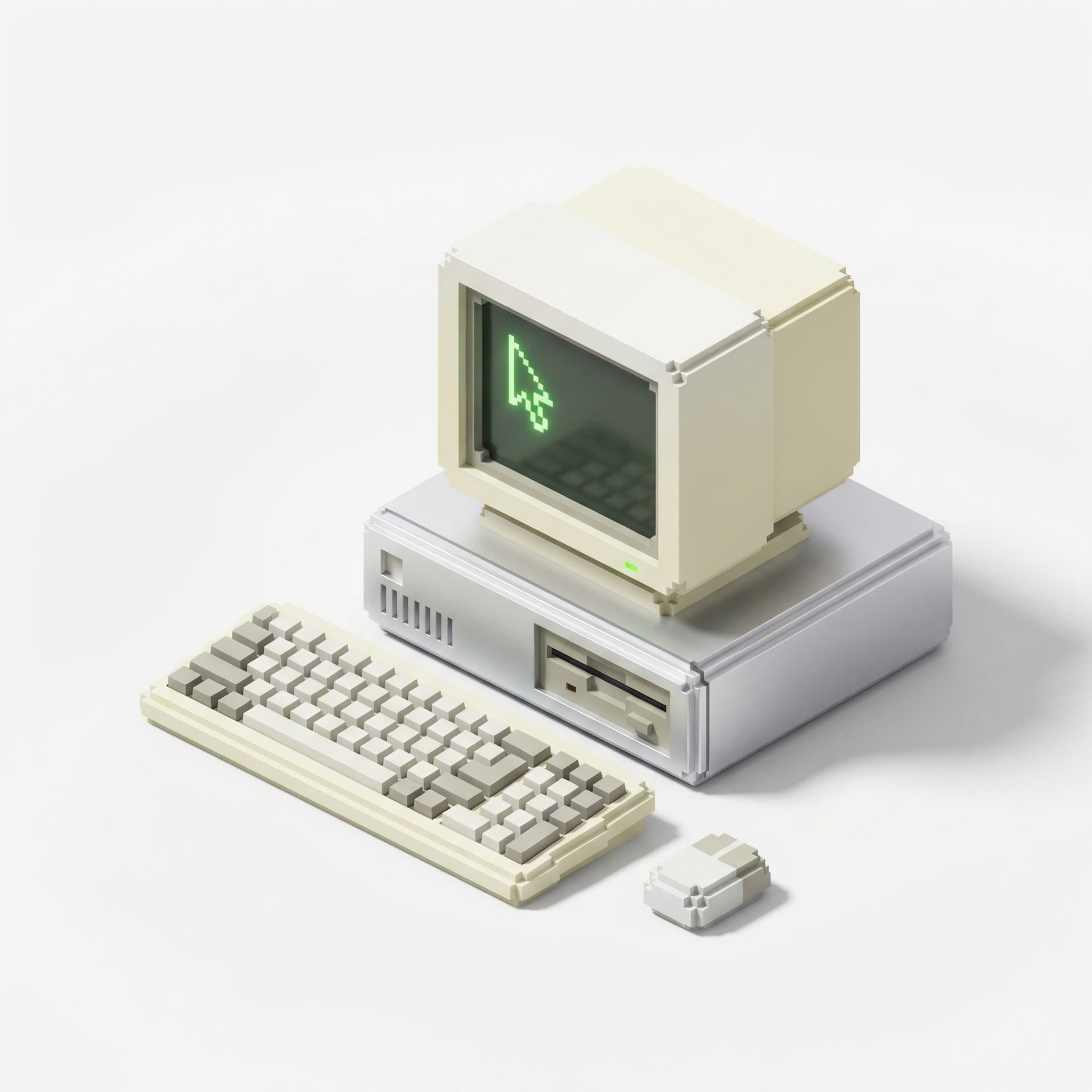 Isometric icon of a computer, pixel art style, sharp pixel edges, retro pc, vibrant white and silver, simple background