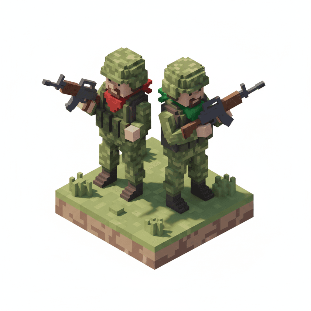 retro pixel isometric icon of two freedom fighters with rifles