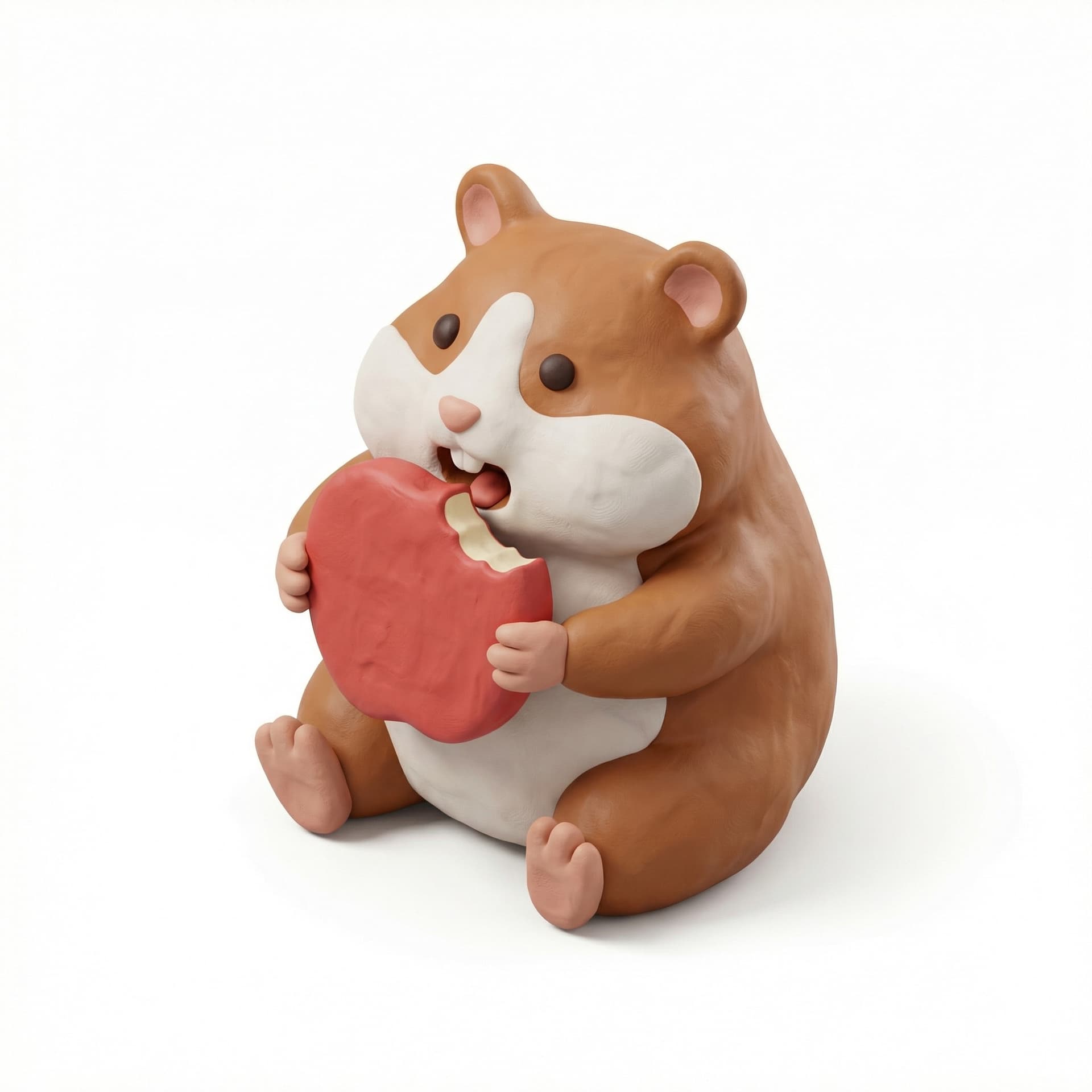 Bikin hamster lagi makan potongan apel dengan style claymation 