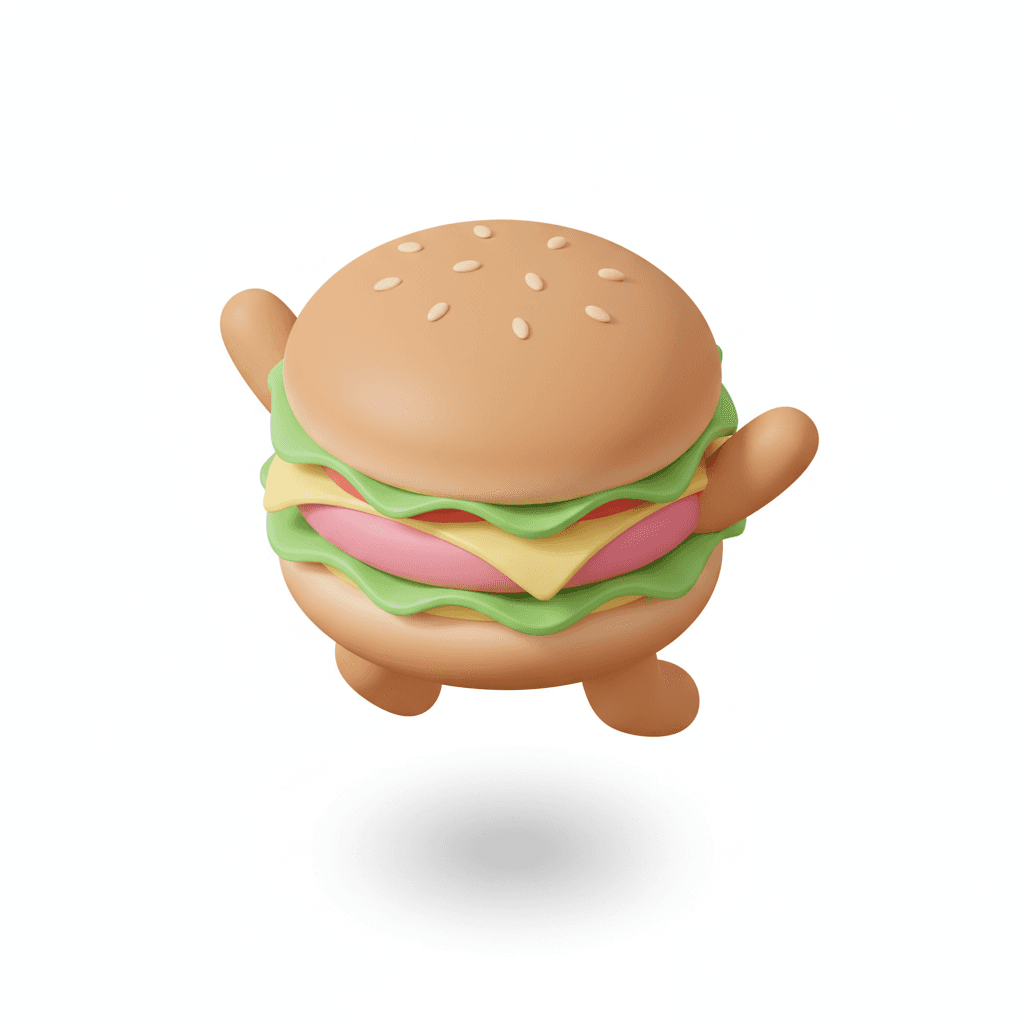 flat pastel isometric icon of a chibi burger jumping joyfully with arms and legs