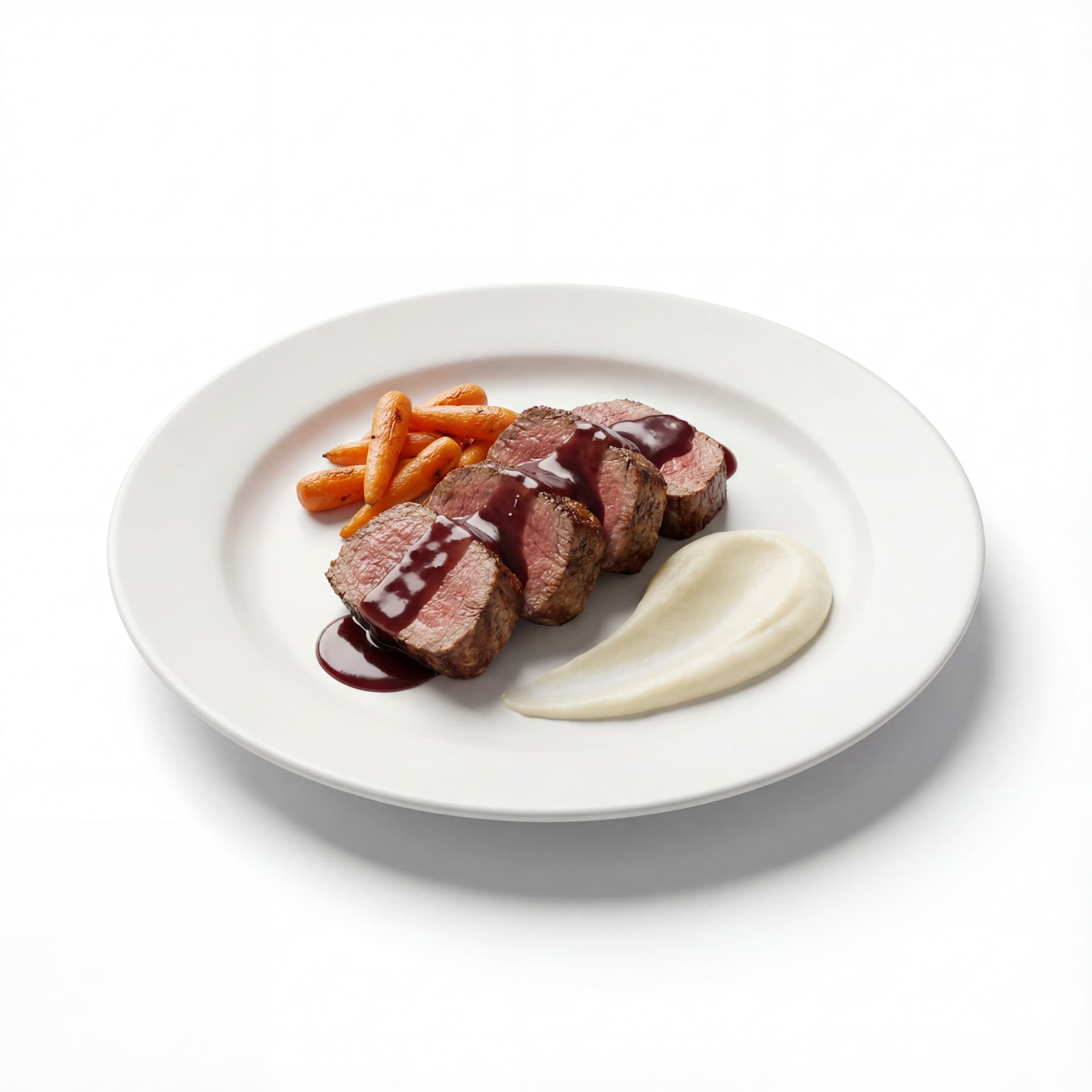 A fine-dining plate featuring seared filet mignon slices, red wine reduction sauce, roasted baby carrots, and a smooth potato purée smear.