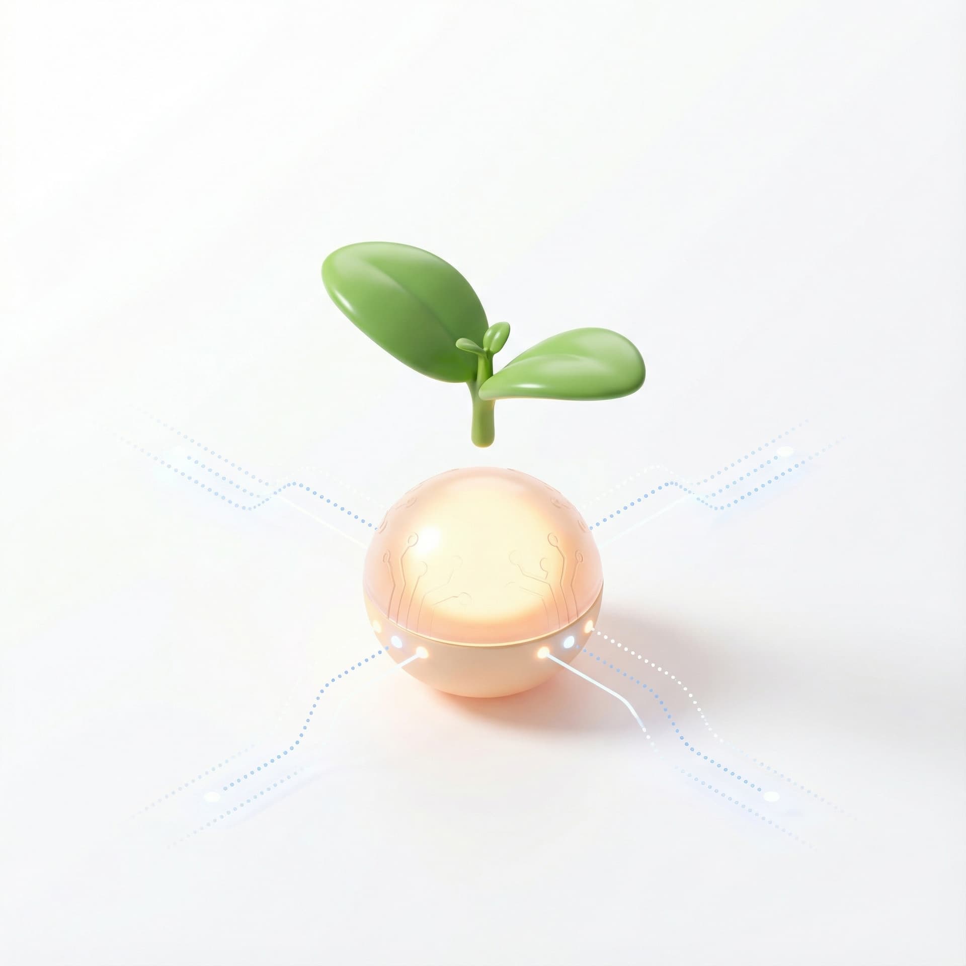 Realistic 3D icon of a tiny plant sprout floating above a soft glowing AI node, with subtle dotted data pathways linking them to indicate automated species identification. Smooth glossy materials, warm diffused lighting, minimal Apple/Airbnb-style realism, white background.