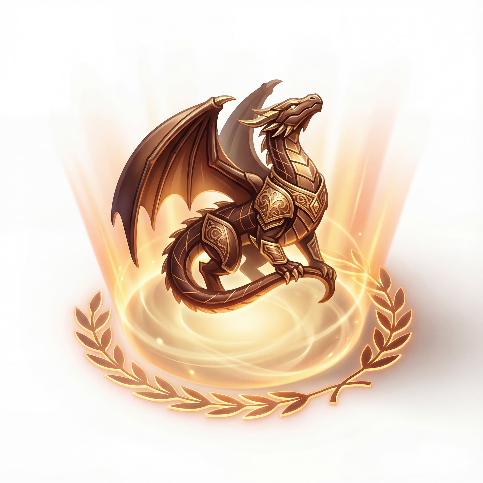An isometric dragon with gold-engraved armor and orderly linework rising in a warm radiant field symbolizing authority.