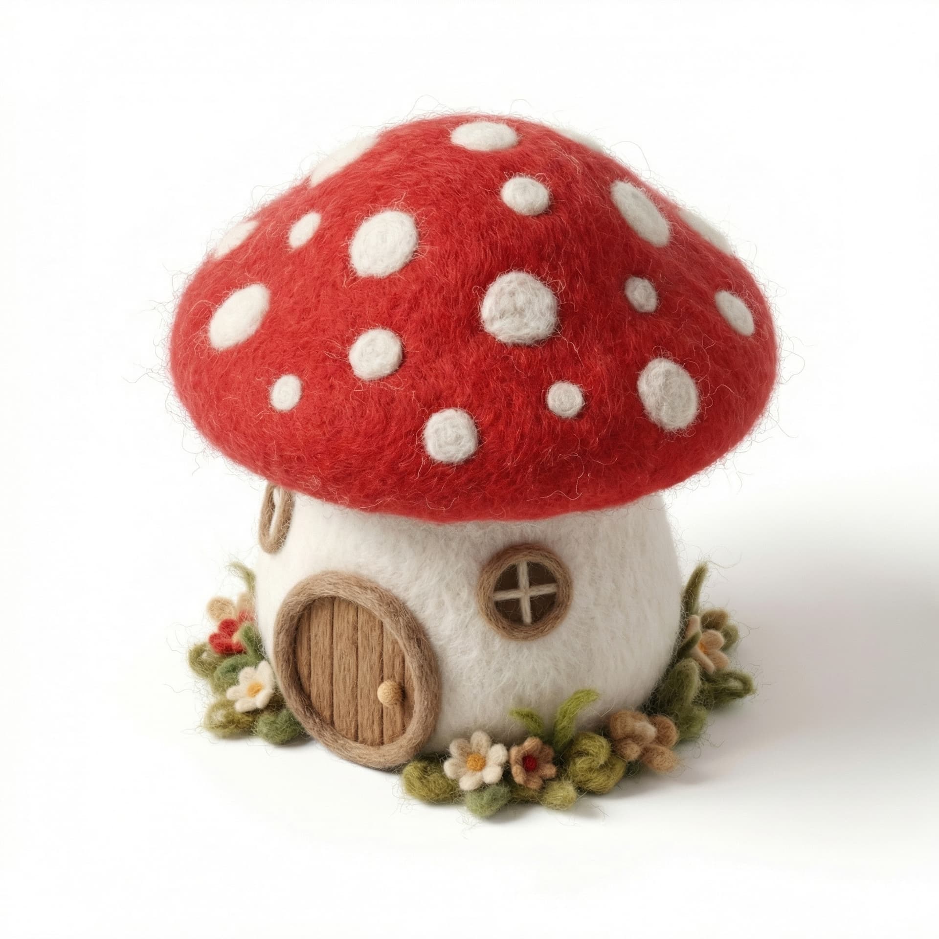 Isometric icon of a toadstool mushroom house, needle felting style, red and white wool, soft fuzzy edges, fabric texture, craft masterpiece