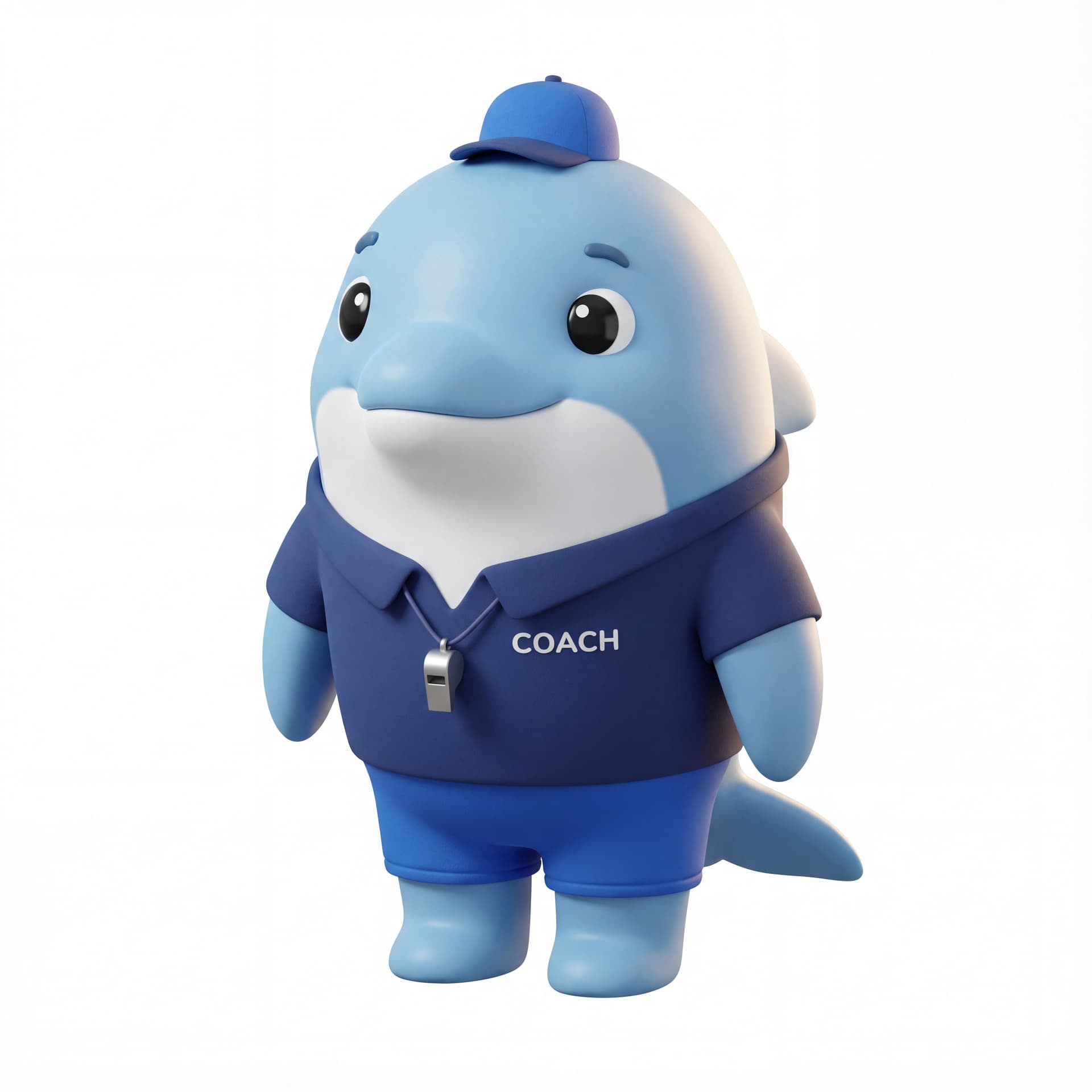 A cute cartoon dolphin mascot character dressed as a swimming coach, full body, front-facing, rounded proportions, big expressive eyes, soft shading, friendly neutral smile, centered composition, isolated on a white background.