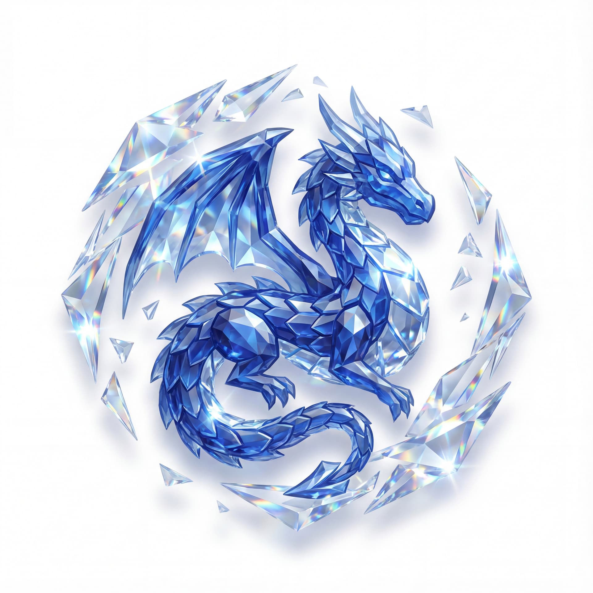 An isometric dragon with sapphire scales and facet radiance suspended in a cut-glass shimmer symbolizing truth.