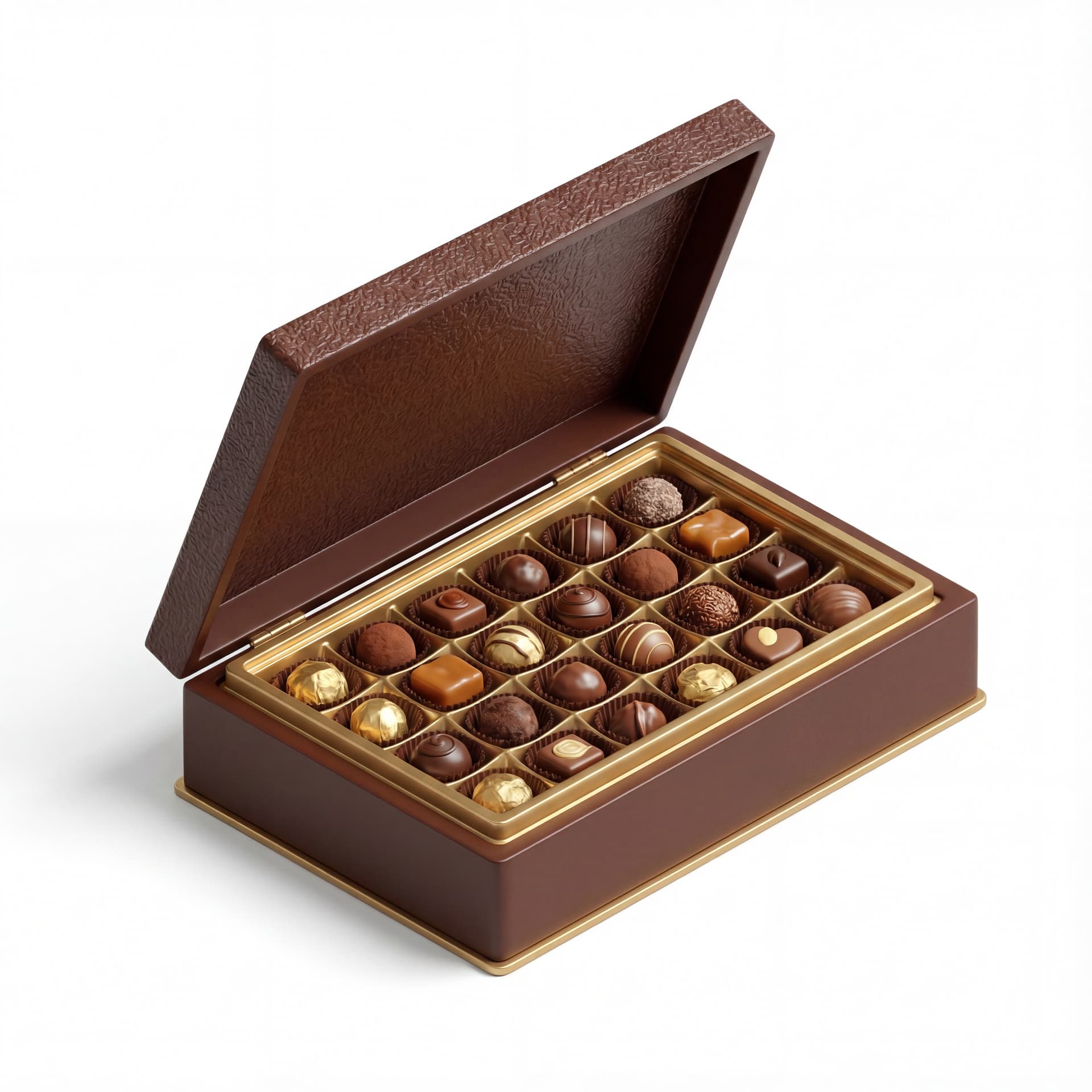 A chocolate box icon with an open lid, visible compartments inside, rectangular shape, front-facing view, isolated on a white background.