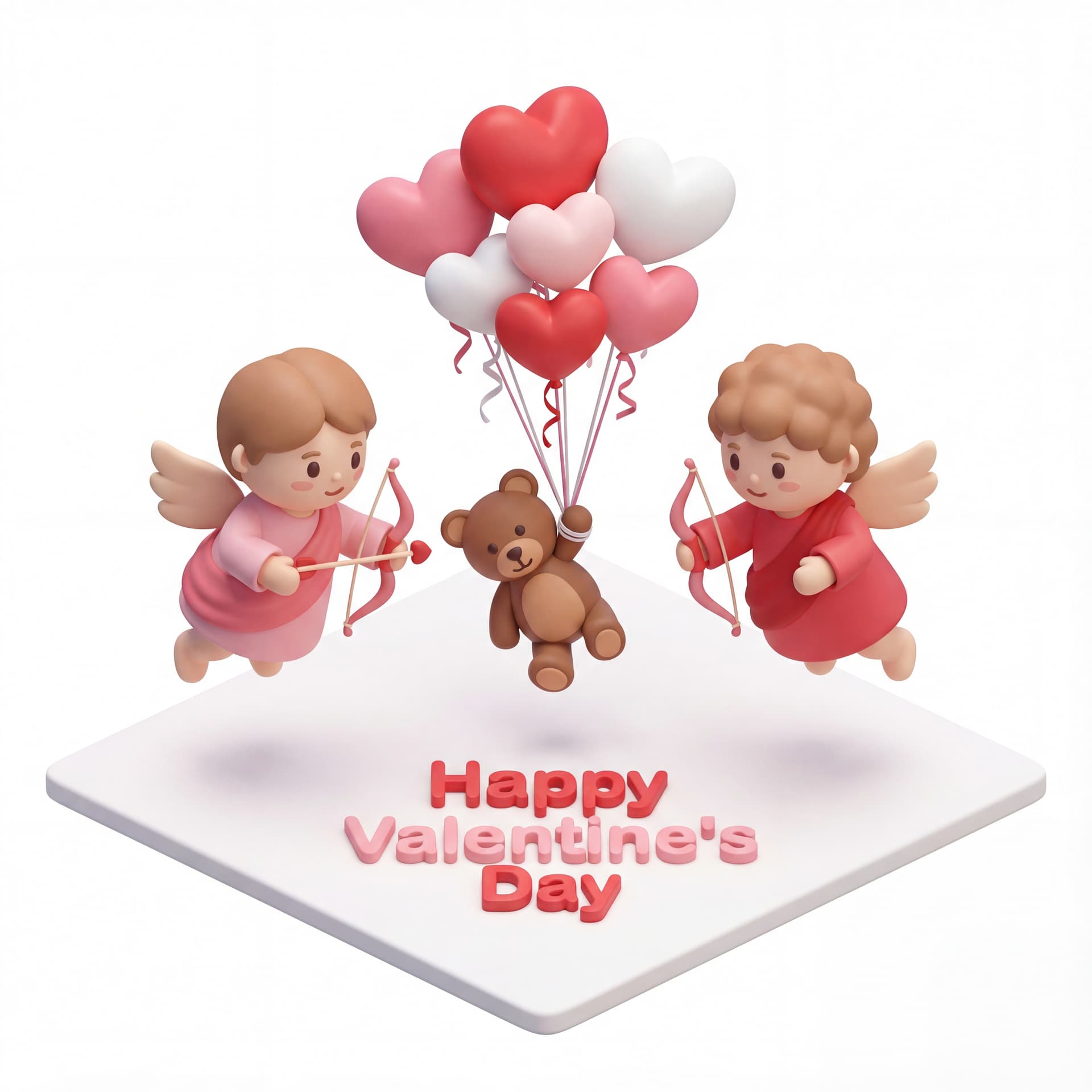 A full-body portrait of a cute couple of Cupid characters floating gently, balloons lifting a teddy bear between them, while “Happy Valentine’s Day” appears centered beneath the scene, isolated on a white background.