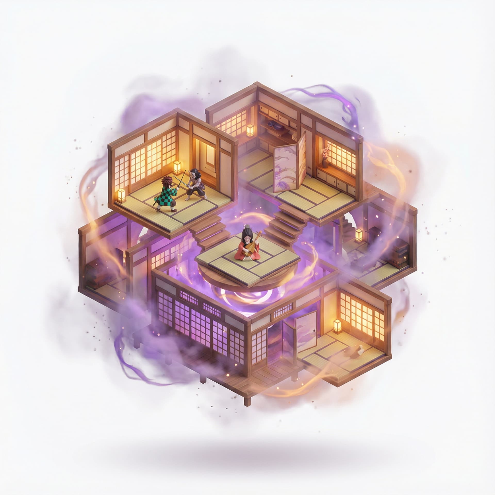 a suspended, adorable three-dimensional stylized vignette of Demon Slayer Infinity Castle, higlighting its legendary signature moments. Amplify the mood through environmental effects and atmospheric conditions.