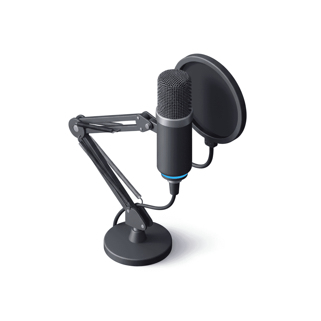 high-detail 3d isometric icon of a dynamic podcast microphone with pop filter, soft volumetric light, crisp modeling, polished surfaces, neat color harmony, microstock-focused composition