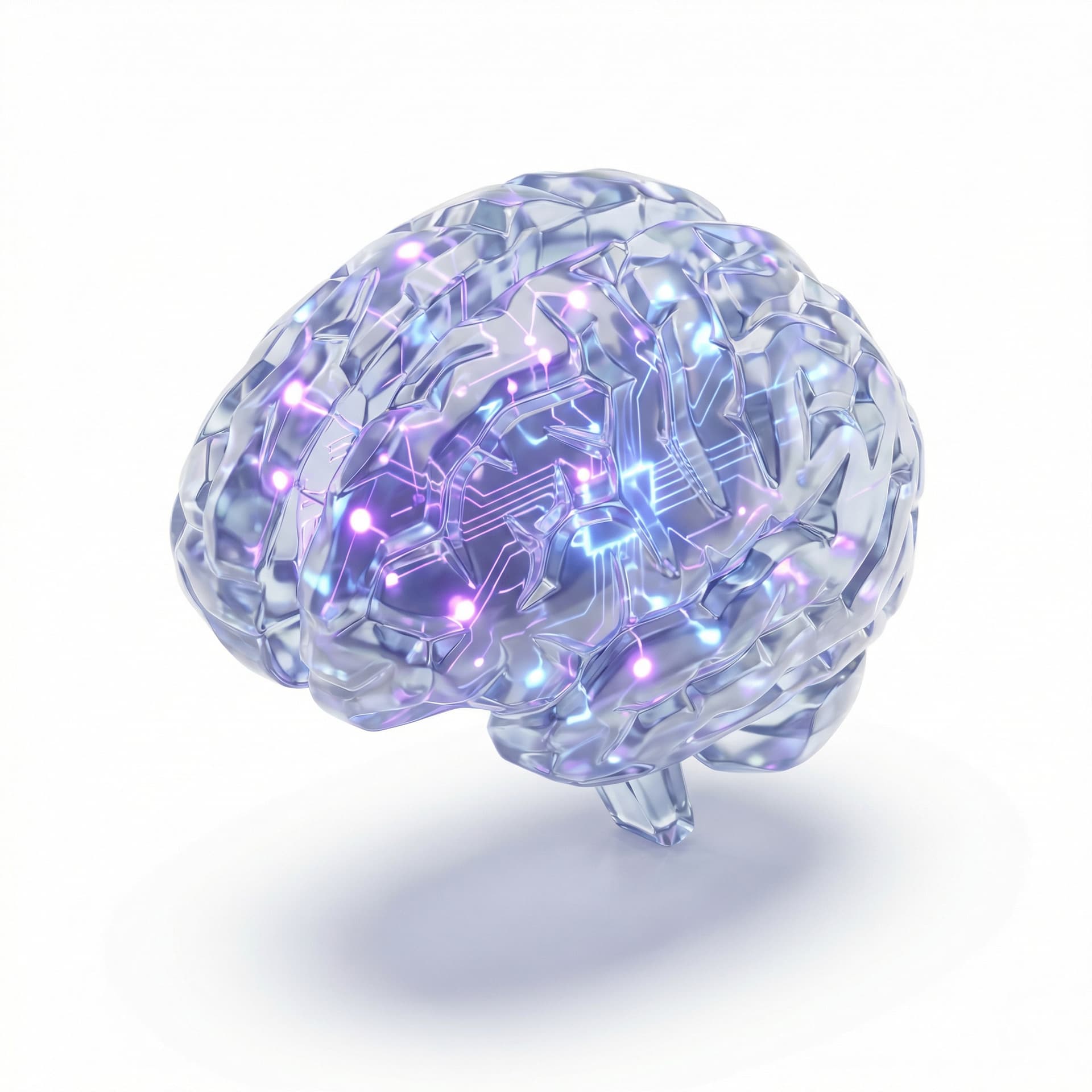 Isometric icon of a digital brain, crystal glass texture, inner glowing nodes, circuit connections, purple and blue neon, premium 3D render.