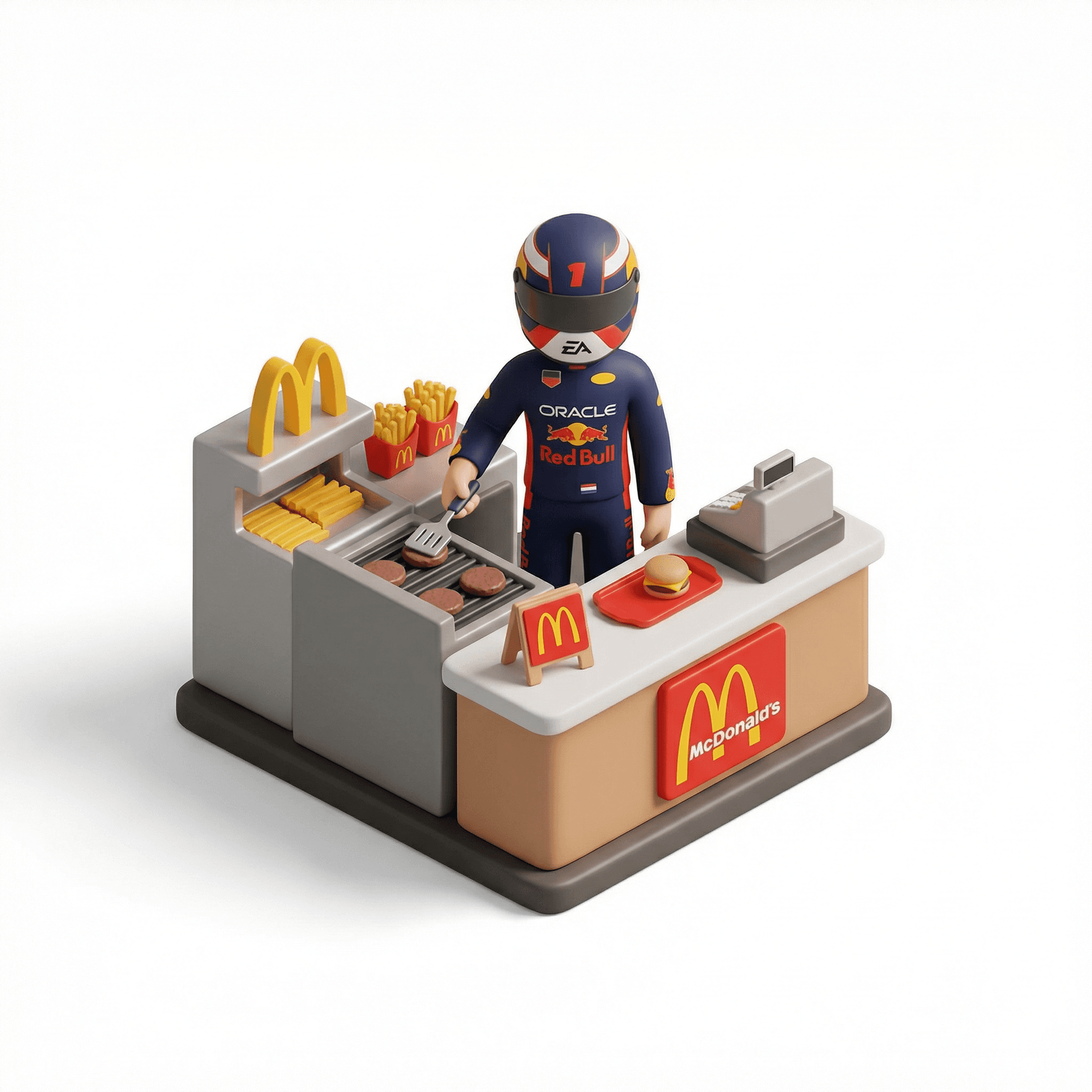 max Verstappen working at McDonald's with the Red Bull racing uniform