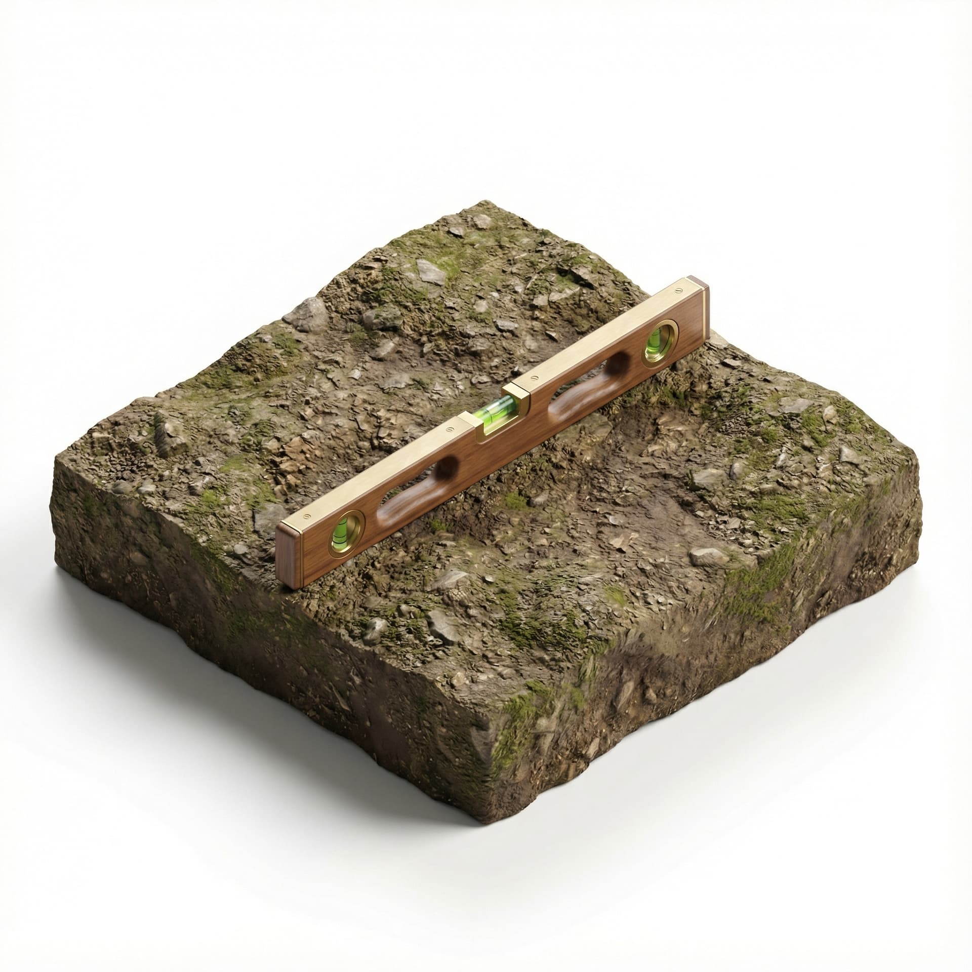 Isometric tile with uneven ground surface and a classic bubble level tool placed on top. No digital measurement devices. Clean white background.
