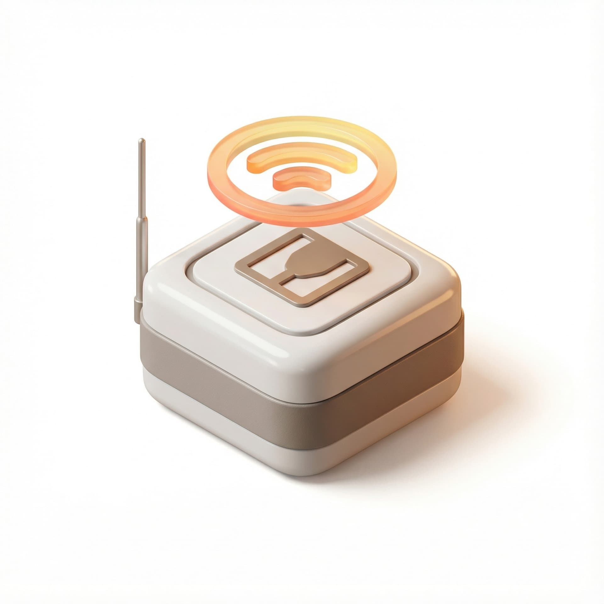 Realistic 3D icon of a compact sensor node with a subtle antenna and a floating WiFi-style signal ring. Add a small simplified trap symbol integrated into the device. Smooth glossy surfaces, warm diffused lighting, Airbnb-style rendering, white background.