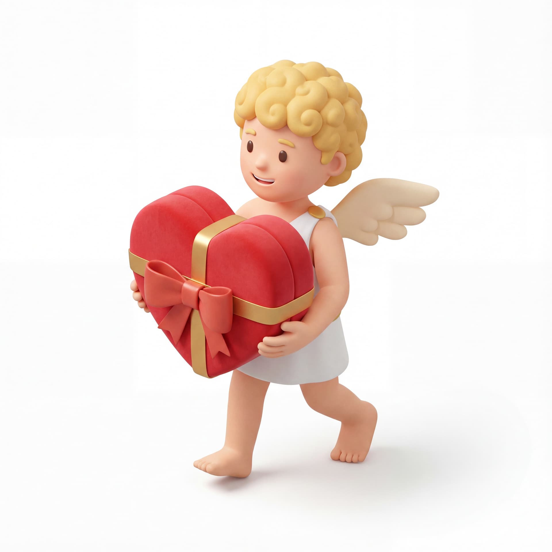 A full-body portrait of a cute Cupid character walking forward while carrying an oversized heart gift, slight forward lean showing motion, friendly smiling expression, isolated on a white background.