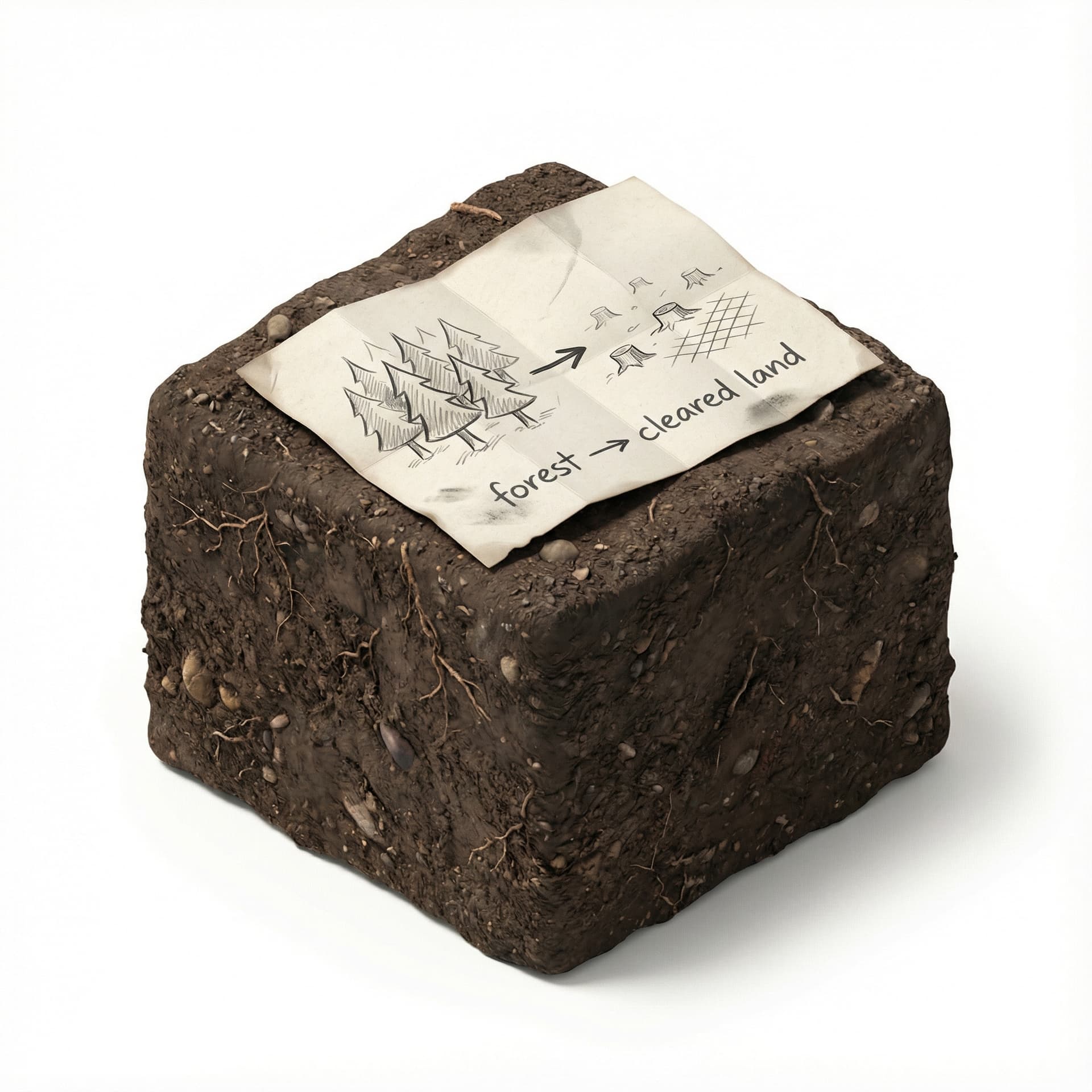 Isometric soil tile with a simple paper map placed on top. Add a hand-drawn arrow showing land cover change from “forest → cleared land” in basic sketch style. Manual, low detail, no digital UI. Soft shadow, clean white background.