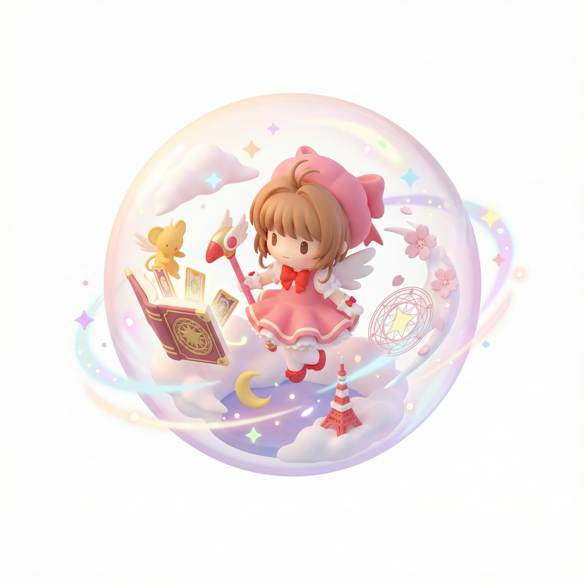 a suspended, adorable three-dimensional stylized vignette of cardcaptor sakura, higlighting its legendary signature moments. Amplify the mood through environmental effects and atmospheric conditions.