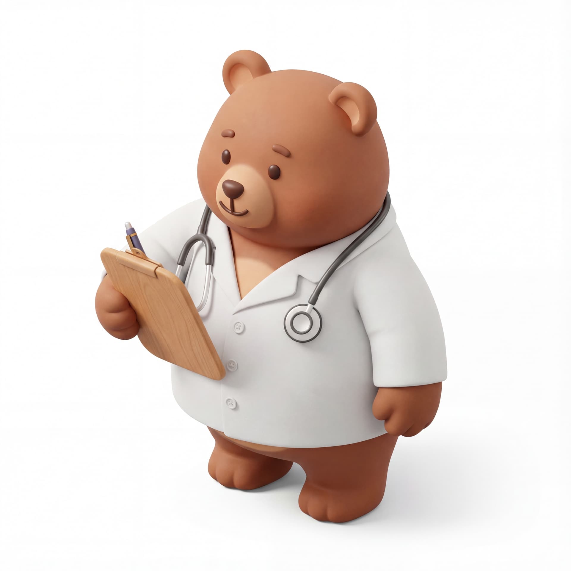 A cute bear doctor wearing a white coat, stethoscope hanging, holding a clipboard with rounded cartoon proportions.