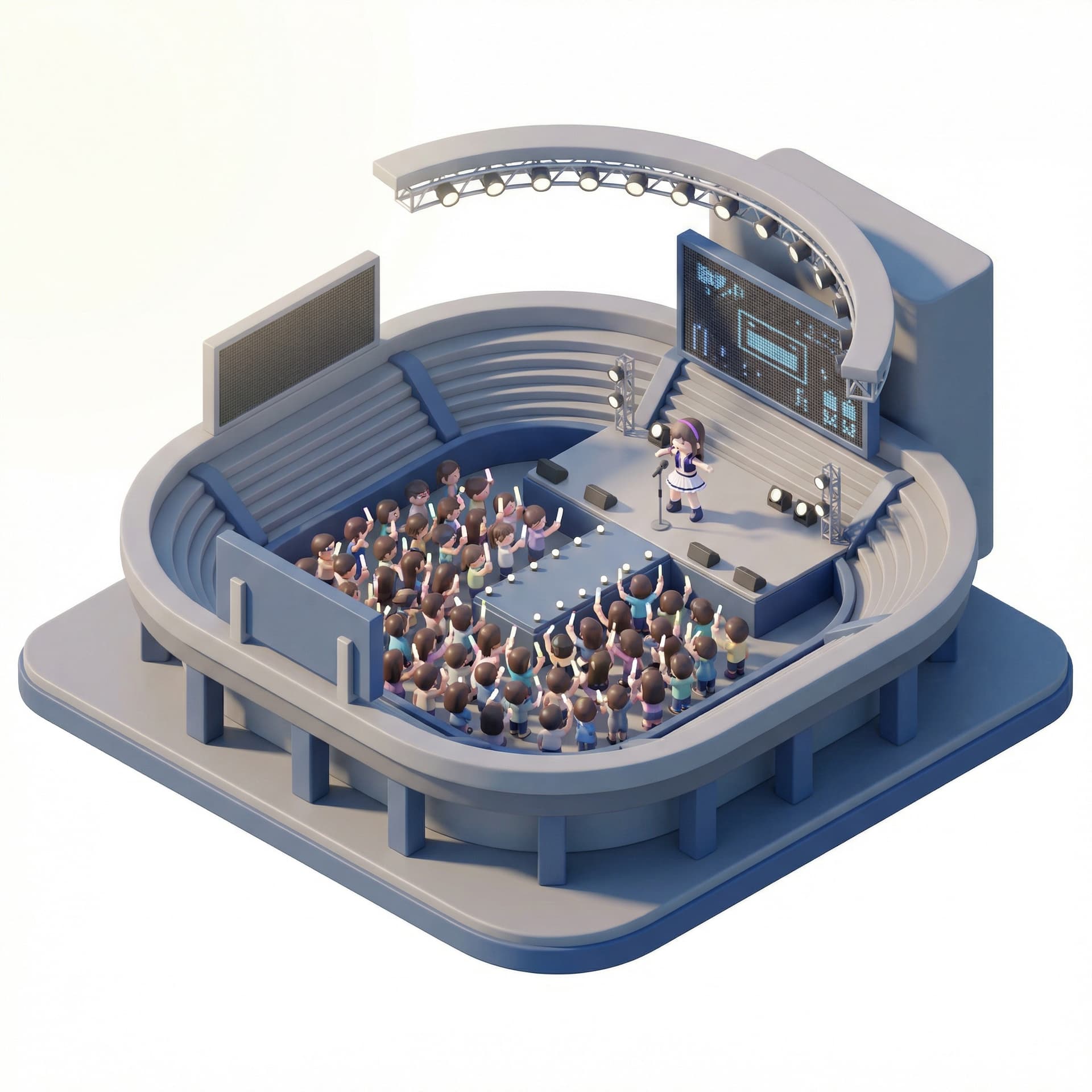 Buatlah seorang idol yang sedang konser dengan para fans nya di stadion secara 3D