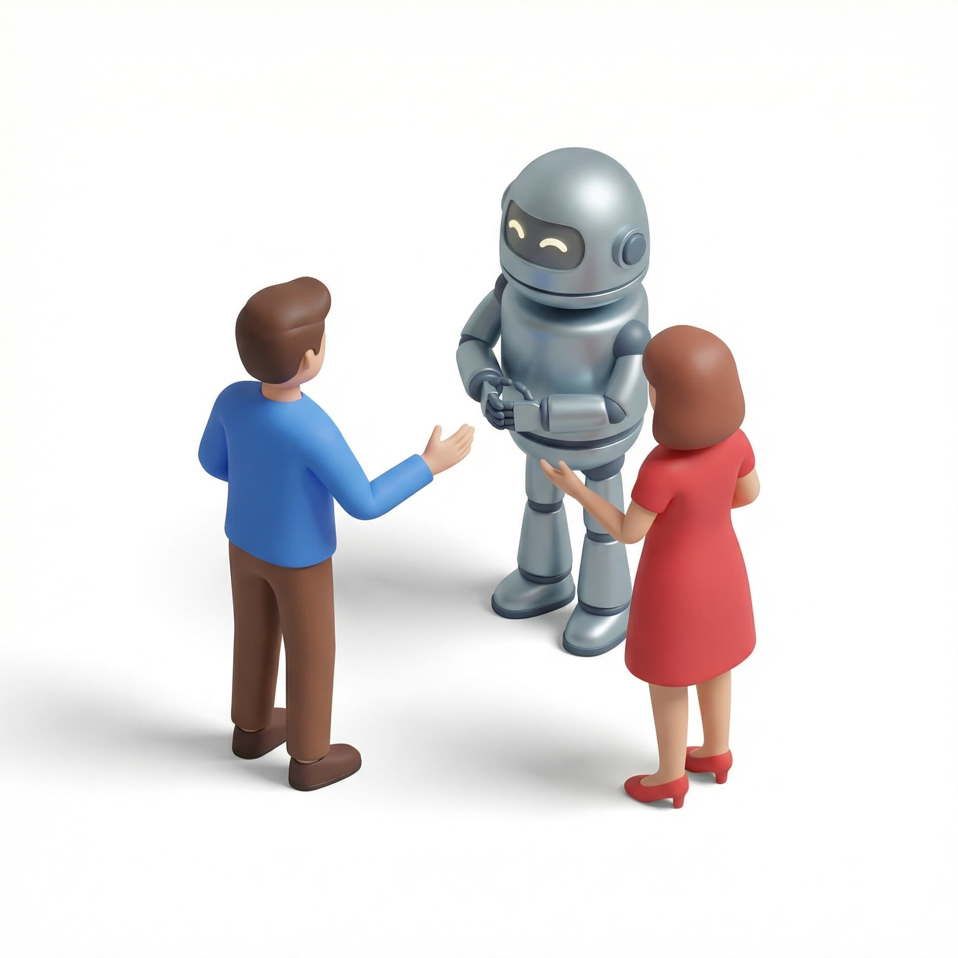 people talking with a robot with eyes closed