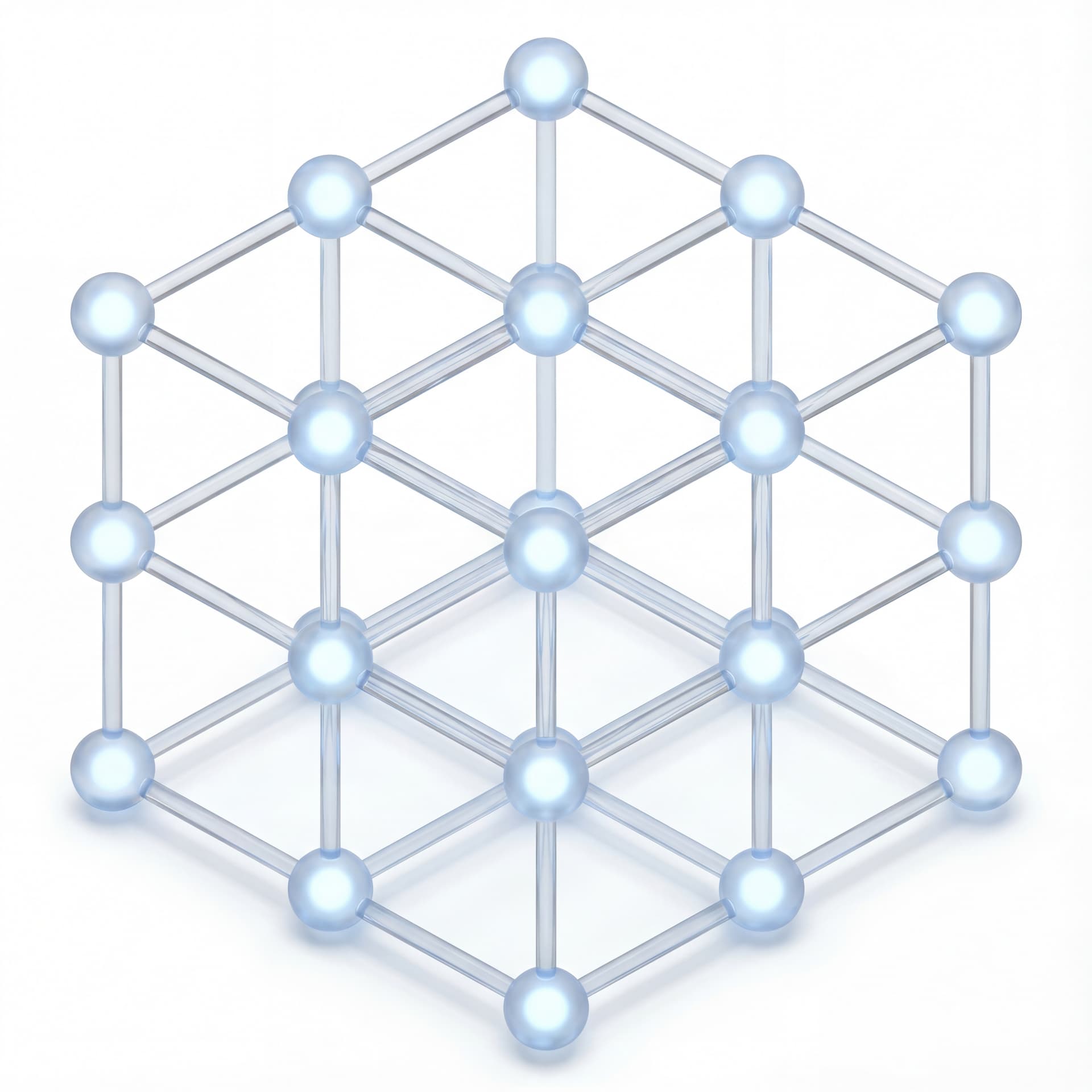 A glowing crystal lattice structure representing material science research, repeating geometric patterns, isolated on a white background.