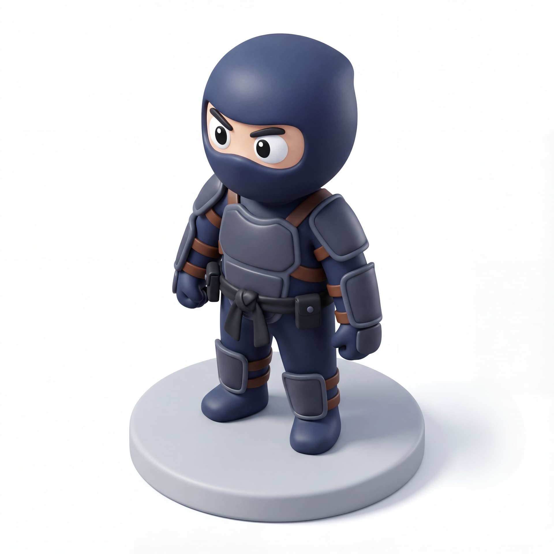 A 3D cartoon human ninja character standing in a calm ready stance, simplified armor, rounded proportions, masked face with visible expressive eyes, isolated character.