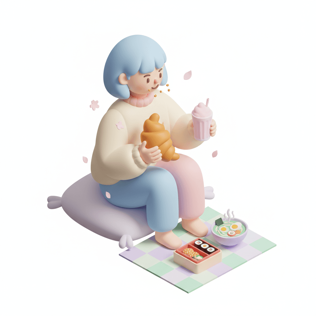 a minimal pastel isometric icon of a female character enjoying food
