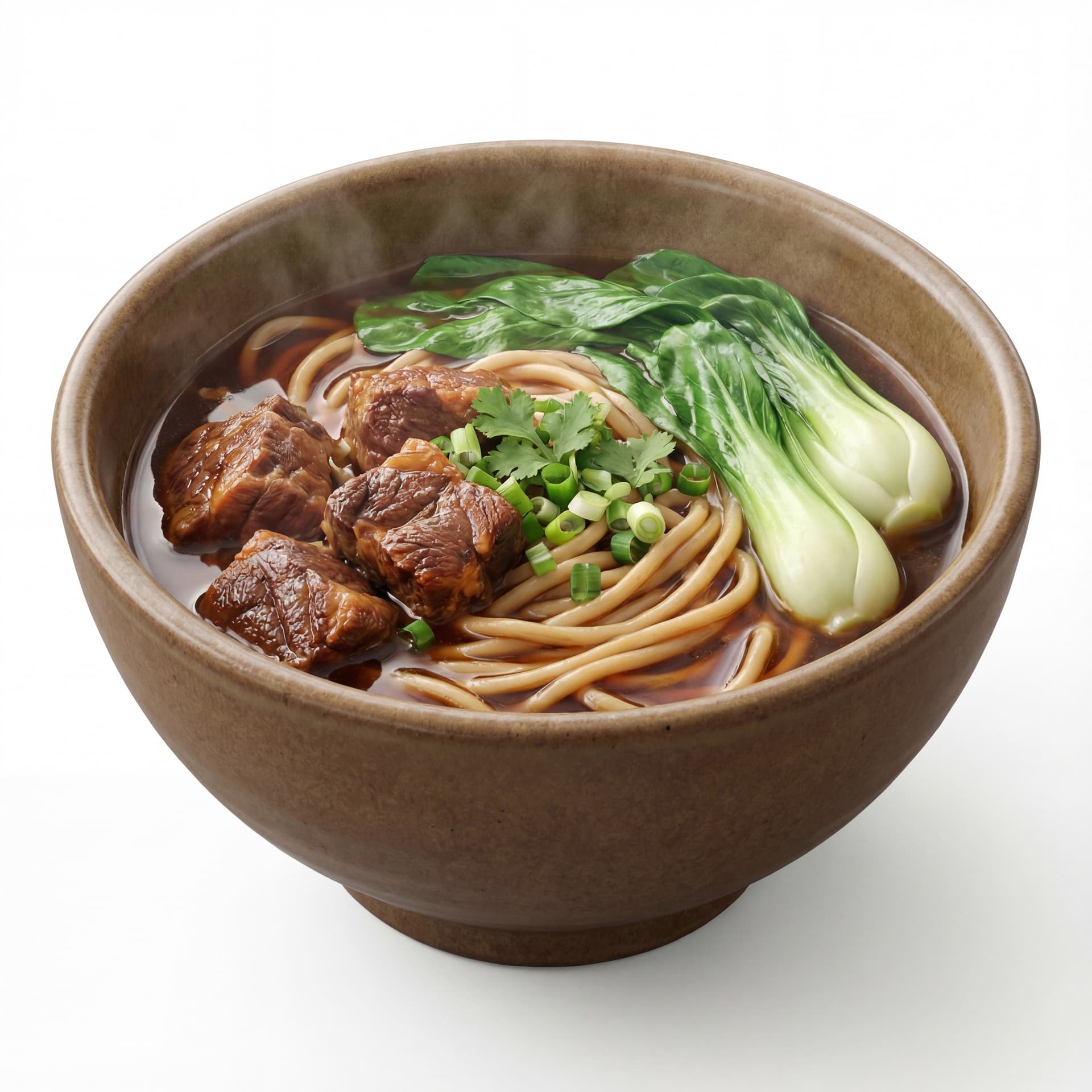 A deep bowl filled with beef noodle soup including thick wheat noodles, braised beef chunks, bok choy, and dark aromatic broth.