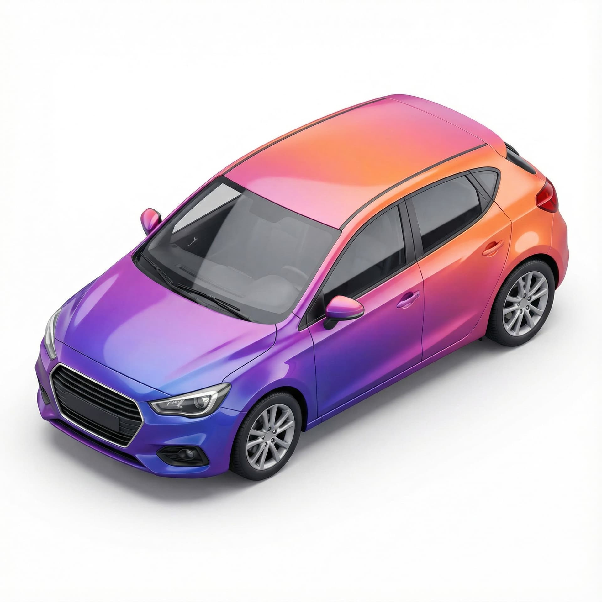 Hatchback car with glossy vinyl and gradient vibrant color palette