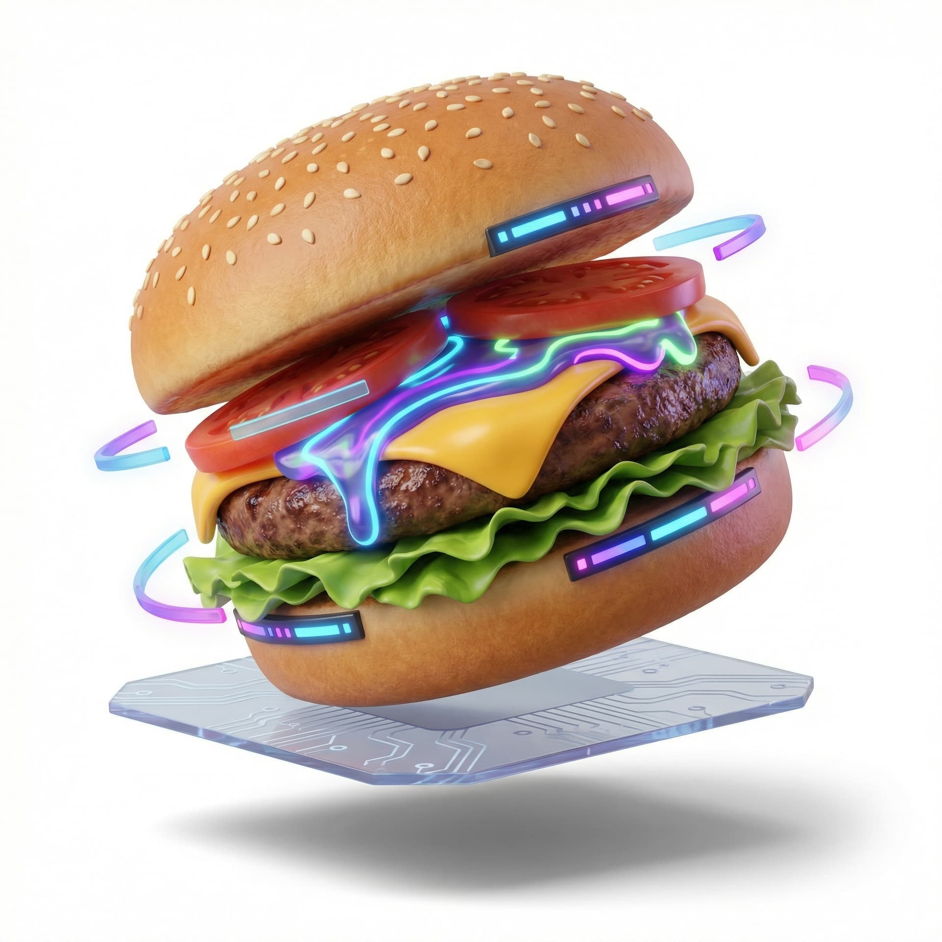 Floating futuristic burger, neon cyberpunk lights, glowing sauce, 3d render.