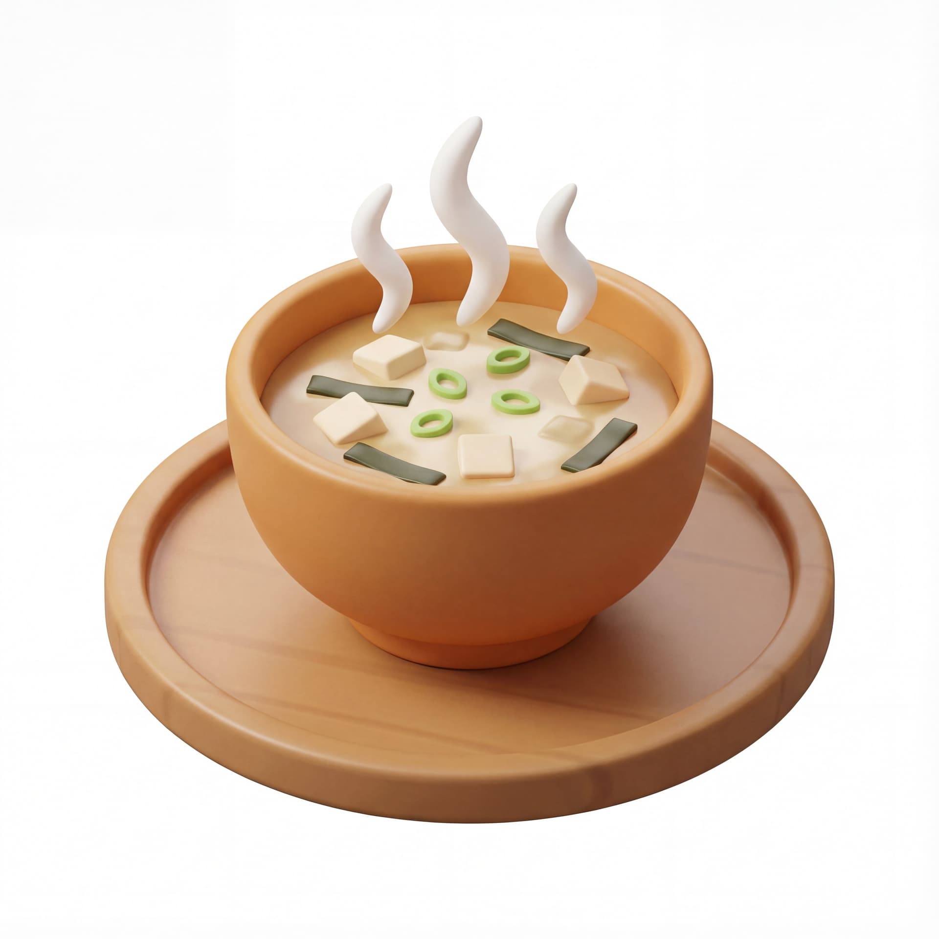 A cartoon miso soup bowl set on a serving plate, soft steam curls rising, minimal ingredient shapes inside.