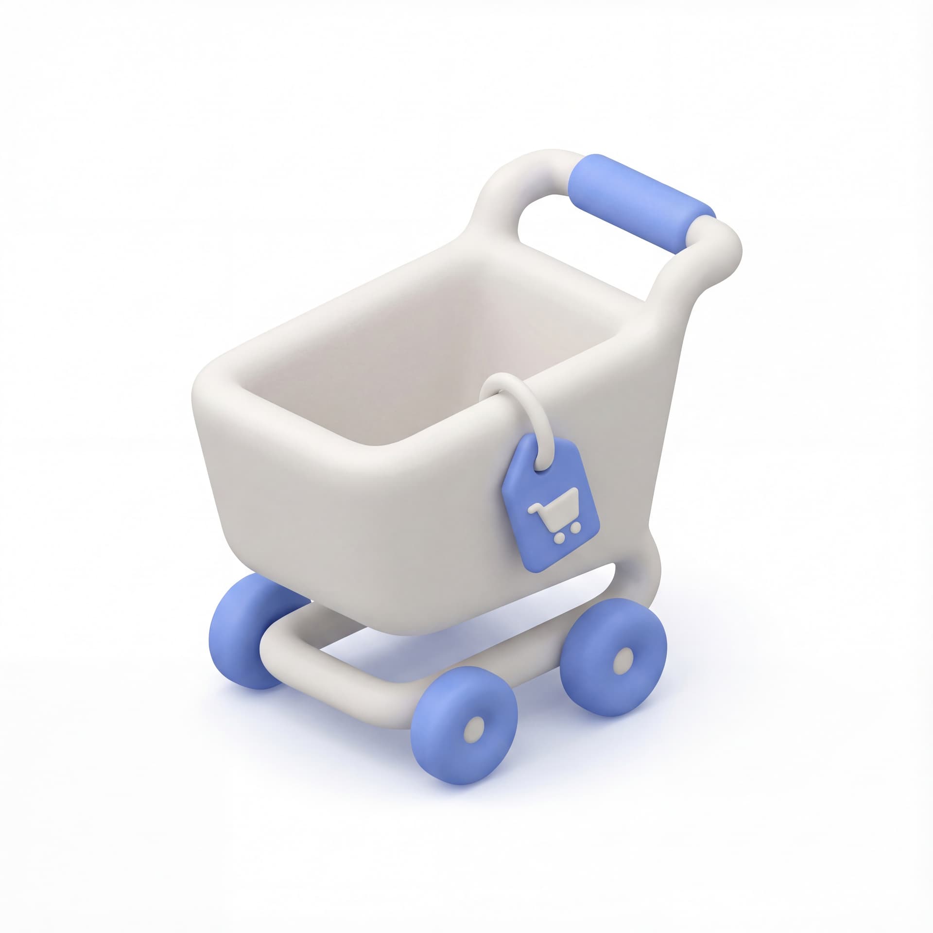 Ikon logo Shopping Cart terkait E-commerce dengan style 3D clay minimal tebal membulat detail rendah konsisten pencahayaan lembut bayangan kontak ringan dan warna neutral off-white dengan aksen biru lembut.
