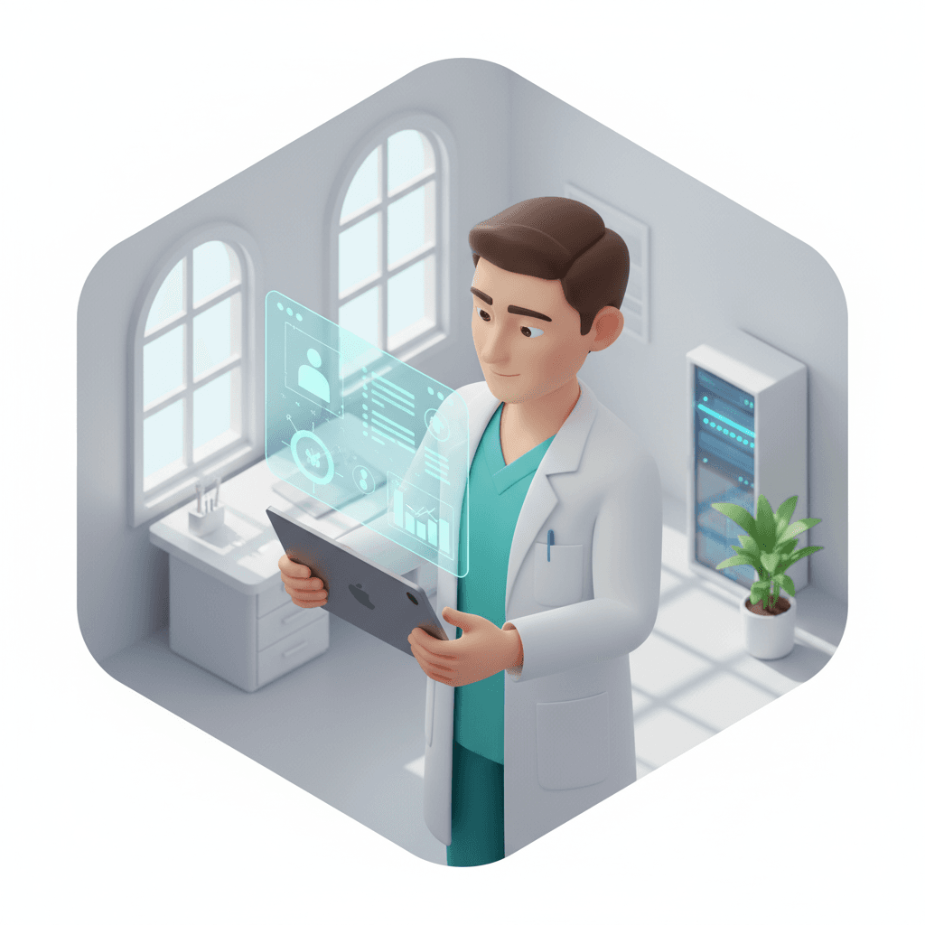High-quality 3D semi-realistic animation of a doctor holding a digital tablet, checking patient data on a hologram screen. Subtle idle animations, breathing motion, lab interior with volumetric light, soft shadows, neutral color grading