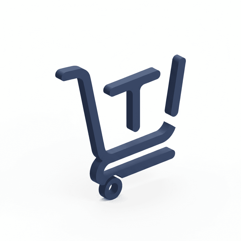 Unique monoline logo icon. A dynamic single-line drawing forming a shopping cart. The lines cleverly incorporate the initials "TI" (Toko Imanuel) within the cart's structure—'T' as the handle and 'I' as the main body/front. Minimalist, modern, and fluid design, suggesting motion. Color: Solid dark blue (#202A56) on a clean white background.