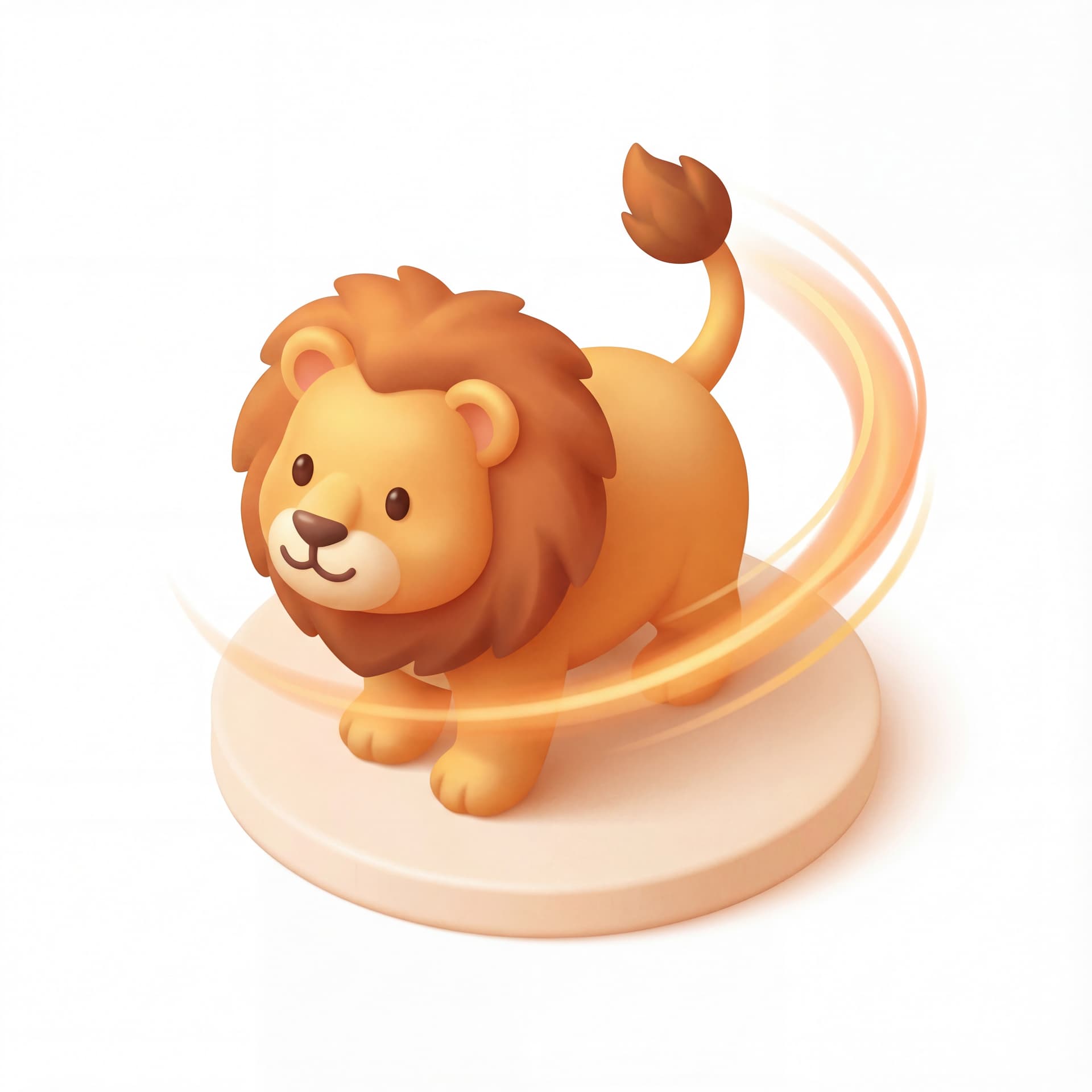 An isometric cute cartoon lion spinning once in a circle, tail following with a smooth curved motion trail.