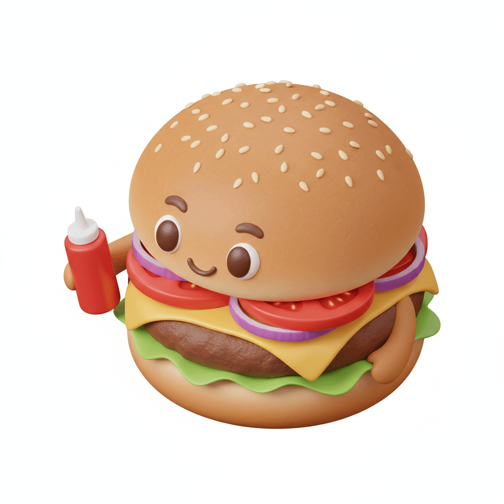 bold isometric vector of a cute burger holding mini ketchup bottle