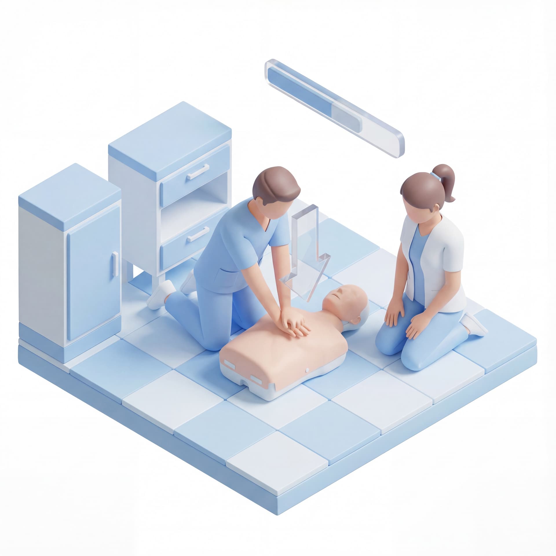 3D isometric vector illustration of first aid CPR procedure, emergency responder performing chest compressions on unconscious adult lying on floor, clean medical environment, clear step-by-step visual storytelling, professional healthcare style, calm but urgent mood, soft neutral lighting, pastel blue and white color palette, smooth geometric shapes, balanced isometric composition, educational infographic layout with copy space, high detail vector quality, modern microstock aesthetic