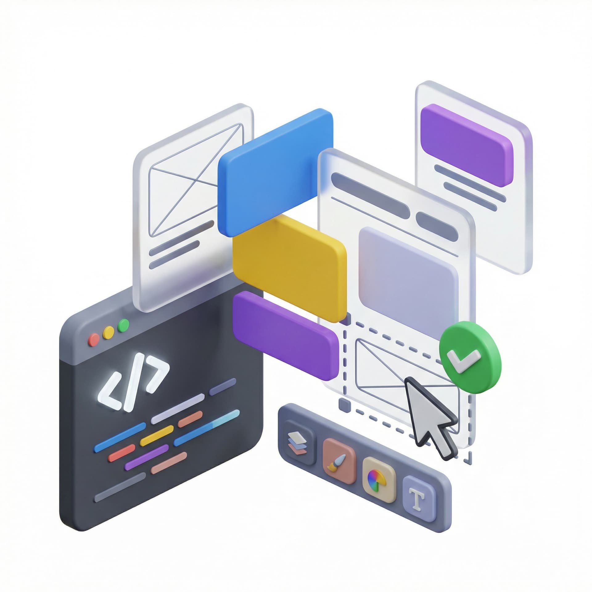 sometric 3D composition of design system components: floating UI cards showing wireframes and colored blocks, code editor snippet with </> brackets, design toolbar with tool icons, cursor selecting elements with dashed border, and green success checkmark. Modern flat design with depth, soft shadows, colorful accents on light background. Clean and professional style.