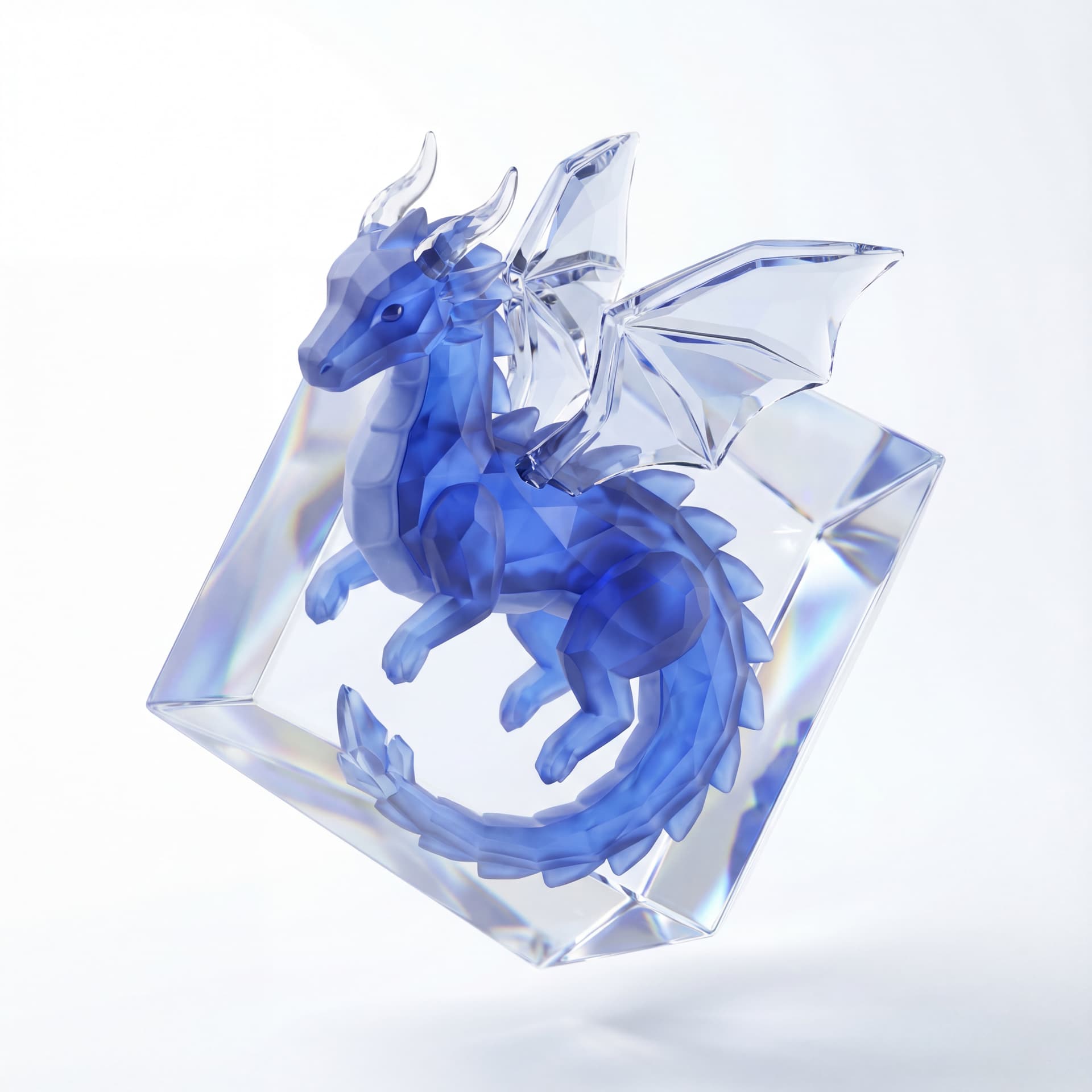 An isometric dragon with sapphire crystal scales and facet radiance suspended in a cut-glass shimmer symbolizing truth.