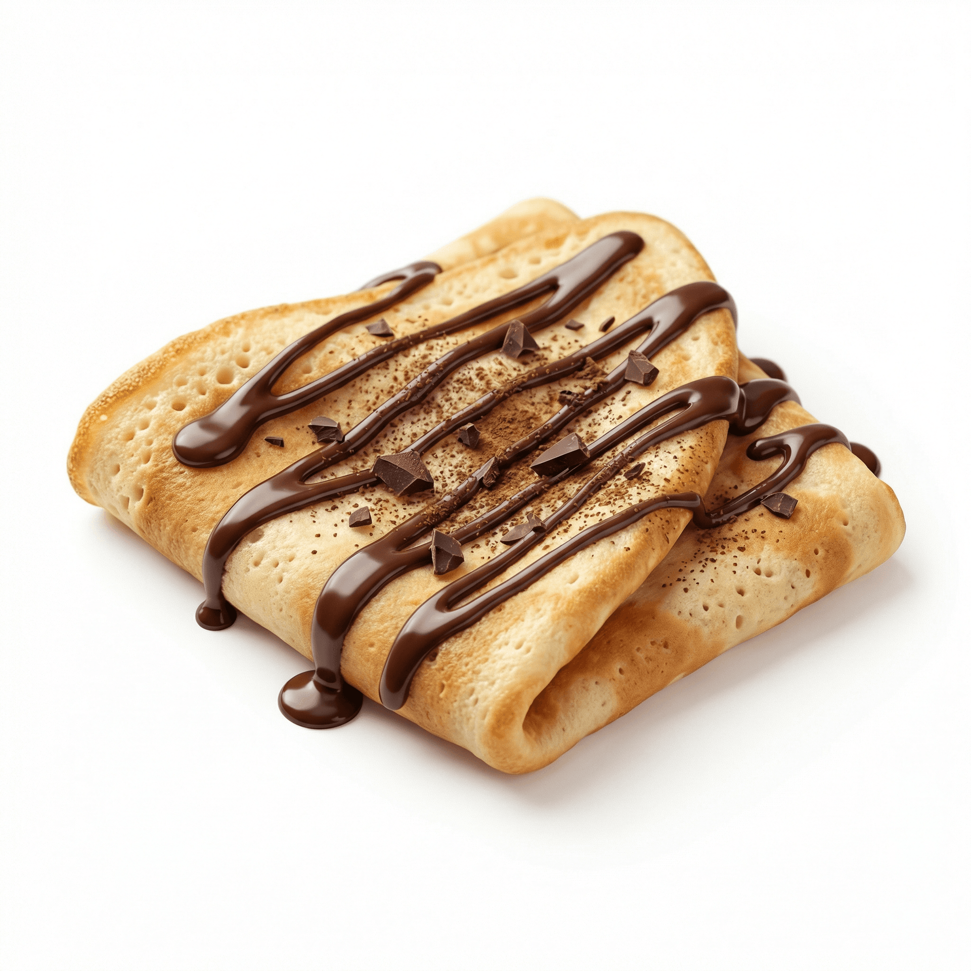 A beautifully styled dessert featuring a folded crepe placed on a clean white background. The crepe has a slightly thicker texture with a soft golden-brown color and visible airy pores, folded into a loose rectangular shape instead of a sharp triangle.  Rich dark chocolate sauce is drizzled across the top in an irregular zigzag pattern, with varying thickness and a glossy finish. Small chocolate shards and cocoa powder are lightly scattered on the surface for added texture and contrast.  The crepe edges appear slightly crisp while the center remains soft and tender. The chocolate drizzle pools naturally in a few areas rather than being evenly distributed.  Studio lighting with soft shadows emphasizes the texture of the crepe and the shine of the chocolate. Ultra-realistic food photography style, high detail, shallow depth of field, clean minimal composition. No utensils, no plate, no hands, no text.