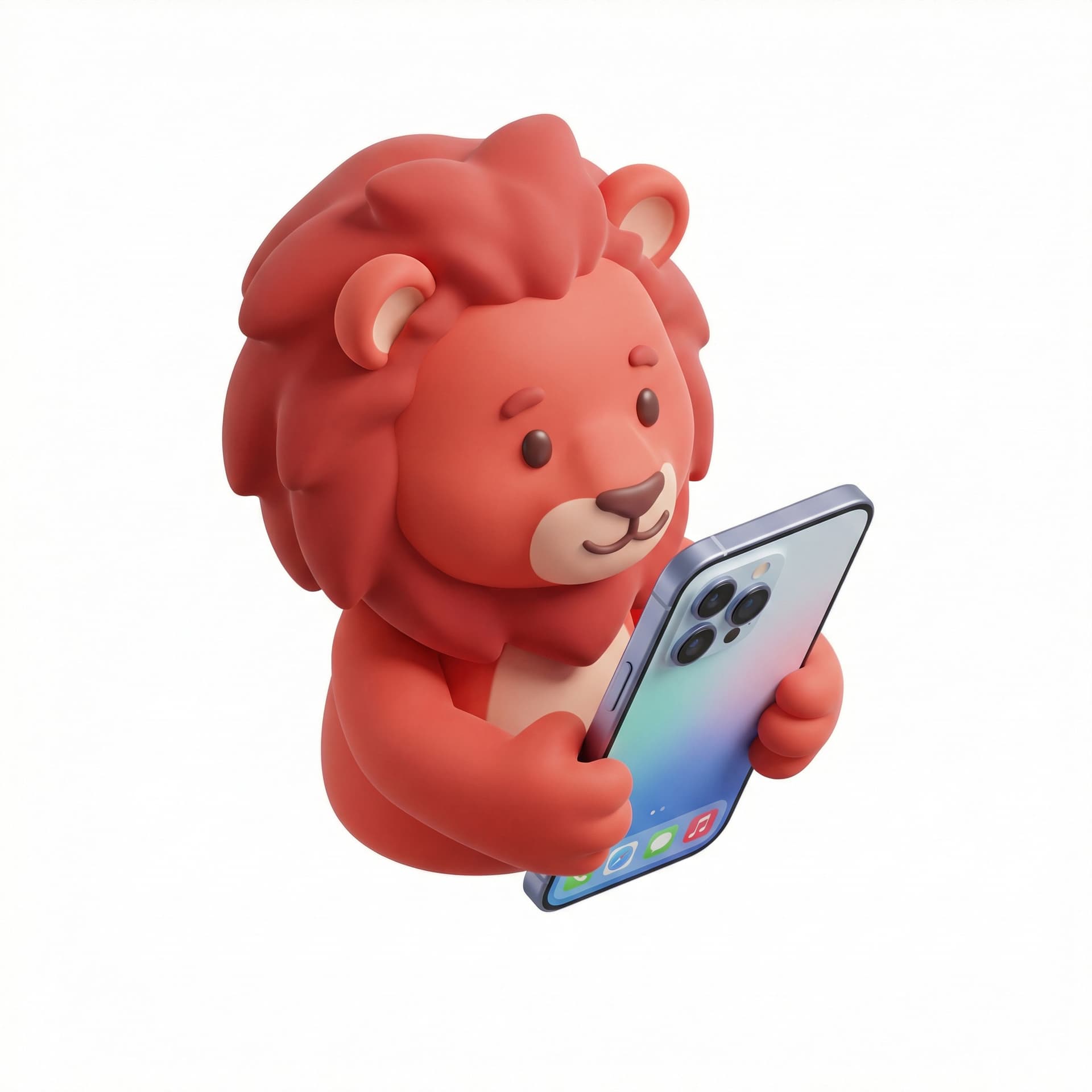 Cute red lion holding phone