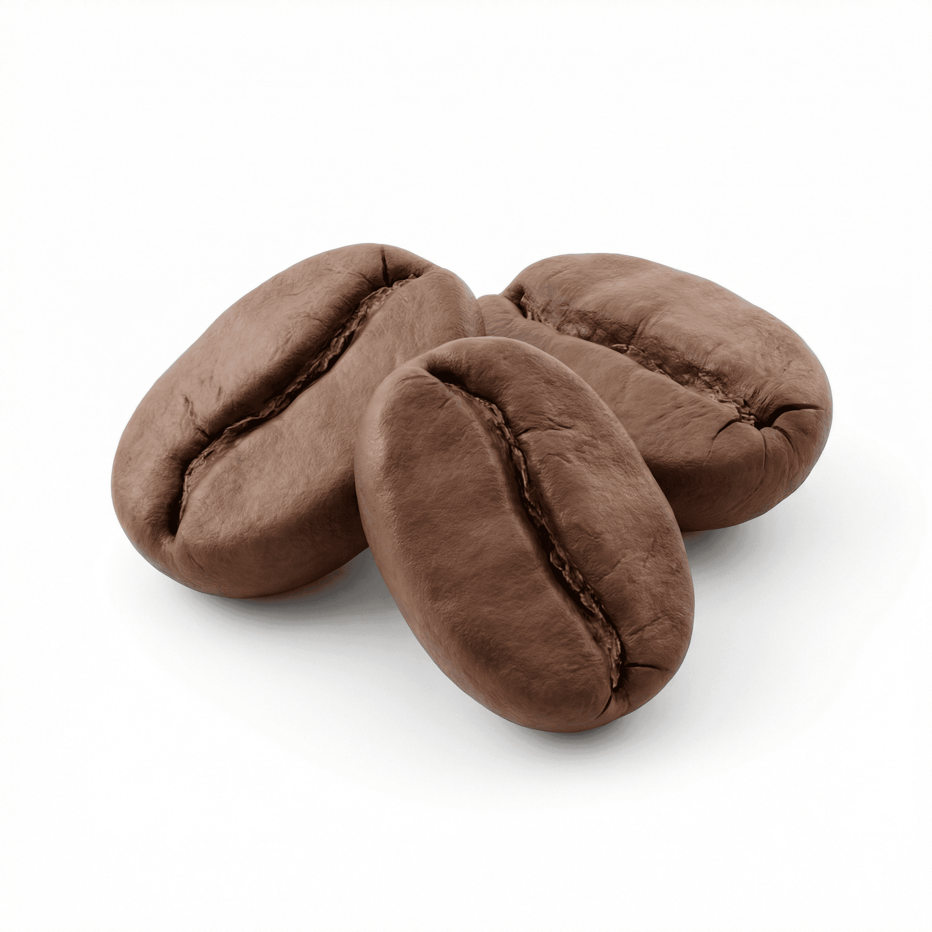 A high-quality, ultra-detailed close-up image of roasted coffee beans isolated on a pure white background. The image features three whole coffee beans with a rich medium-to-dark brown color, arranged naturally with slight variation in orientation. Each coffee bean has a clearly visible central crack, showing realistic texture and depth.  The surface of the beans appears slightly glossy with a natural oily sheen, highlighting the roasted finish. Fine details such as subtle wrinkles, pores, and organic imperfections are visible, emphasizing realism.  Shot in a professional studio setup with soft, even lighting that enhances texture without harsh shadows. Clean, sharp focus with high clarity and true-to-life colors.  Minimalist composition, centered framing, isolated object photography style, suitable for product mockups, packaging design, UI assets, or stock photography.  Ultra-high resolution, photorealistic quality, crisp edges, no background distractions