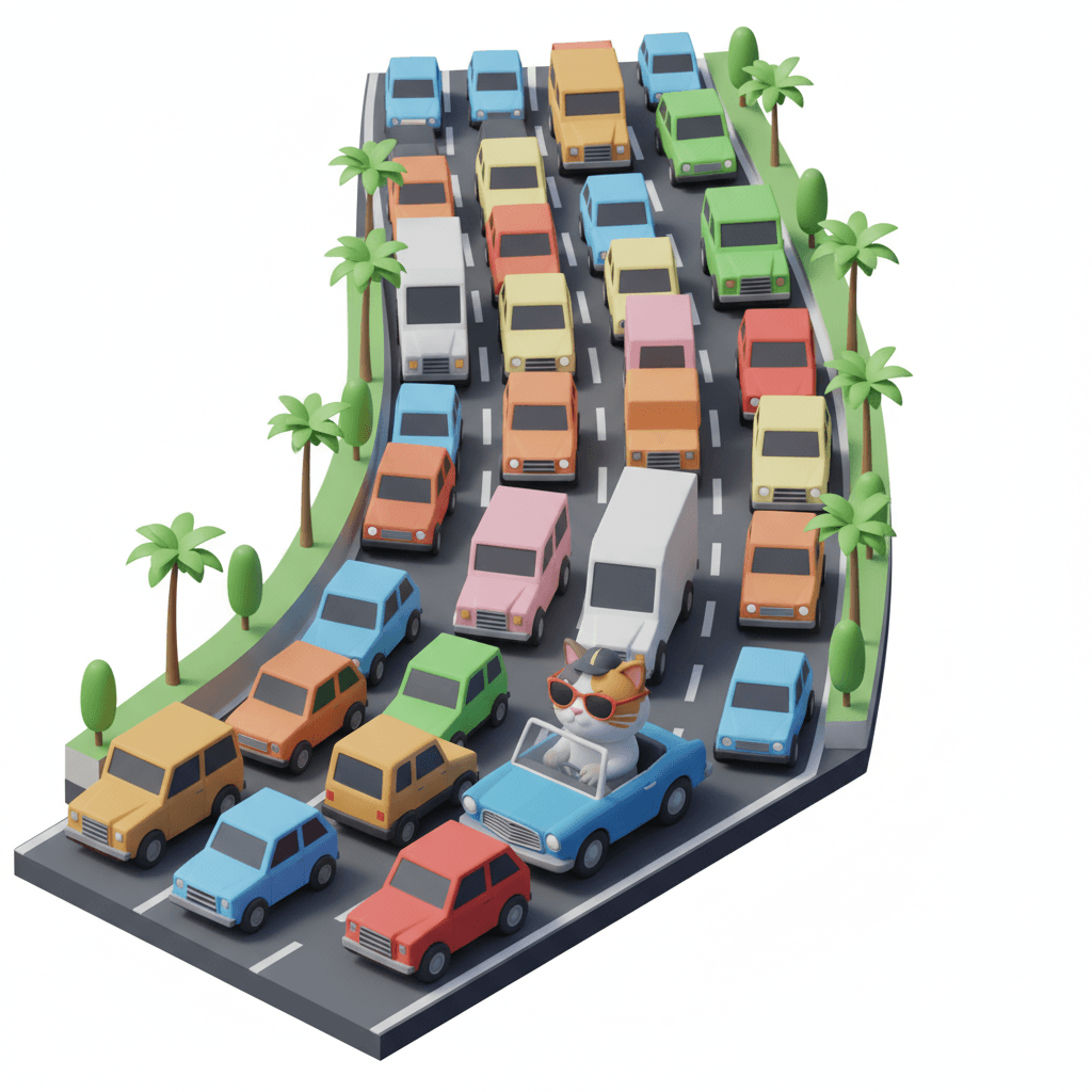 Kucing memgendarai mobil di jalan raya yang sedang macet.