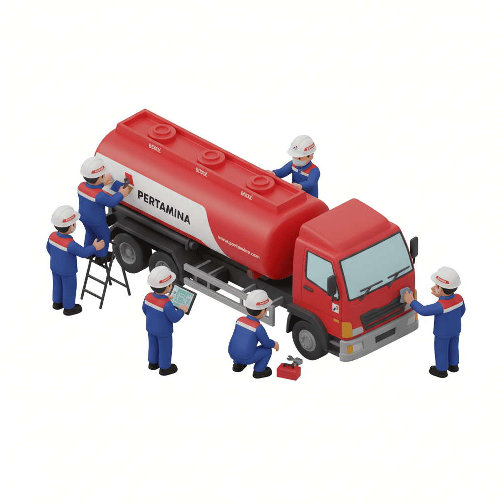 buat gambar mobil truk tangki pertamina dan orang dengan memakai seragam pertamina seperti pada gambar ini. Orang sedang melakukan maintenance terhadap mobil truk tangki nya