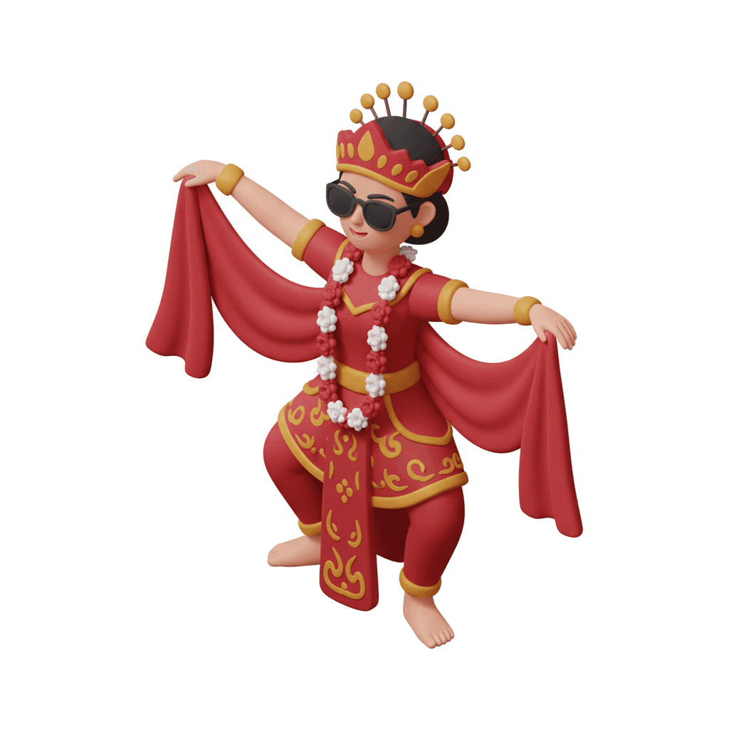 Icon illustration of Cirebon Sintren Dance, featuring a traditional female dancer wearing red costume, floral garland, red headpiece with ornaments, black sunglasses, and holding red veil cloth. Stylized cultural vector icon, minimal color palette of red, white, and gold, clean outlines, flat modern design, centered composition, white background, inspired by Indonesian traditional art