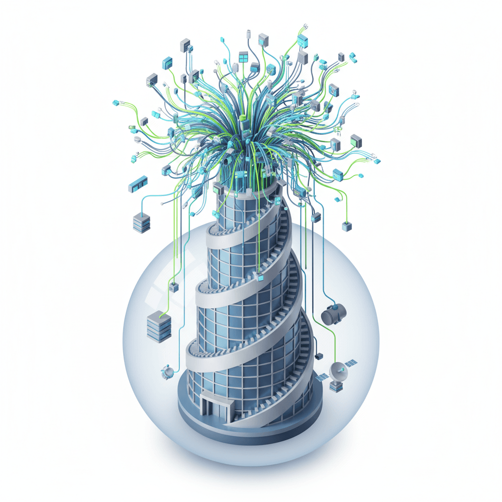 gedung menjulang tinggi yang menyemburkan banyak kabel-kabel jaringan yang tersistem seperti sebuah jaringan internet