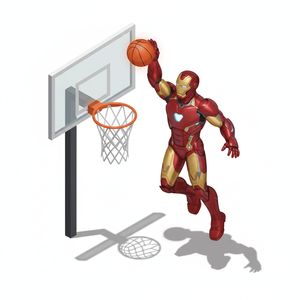 iron man lagi maen bola basket